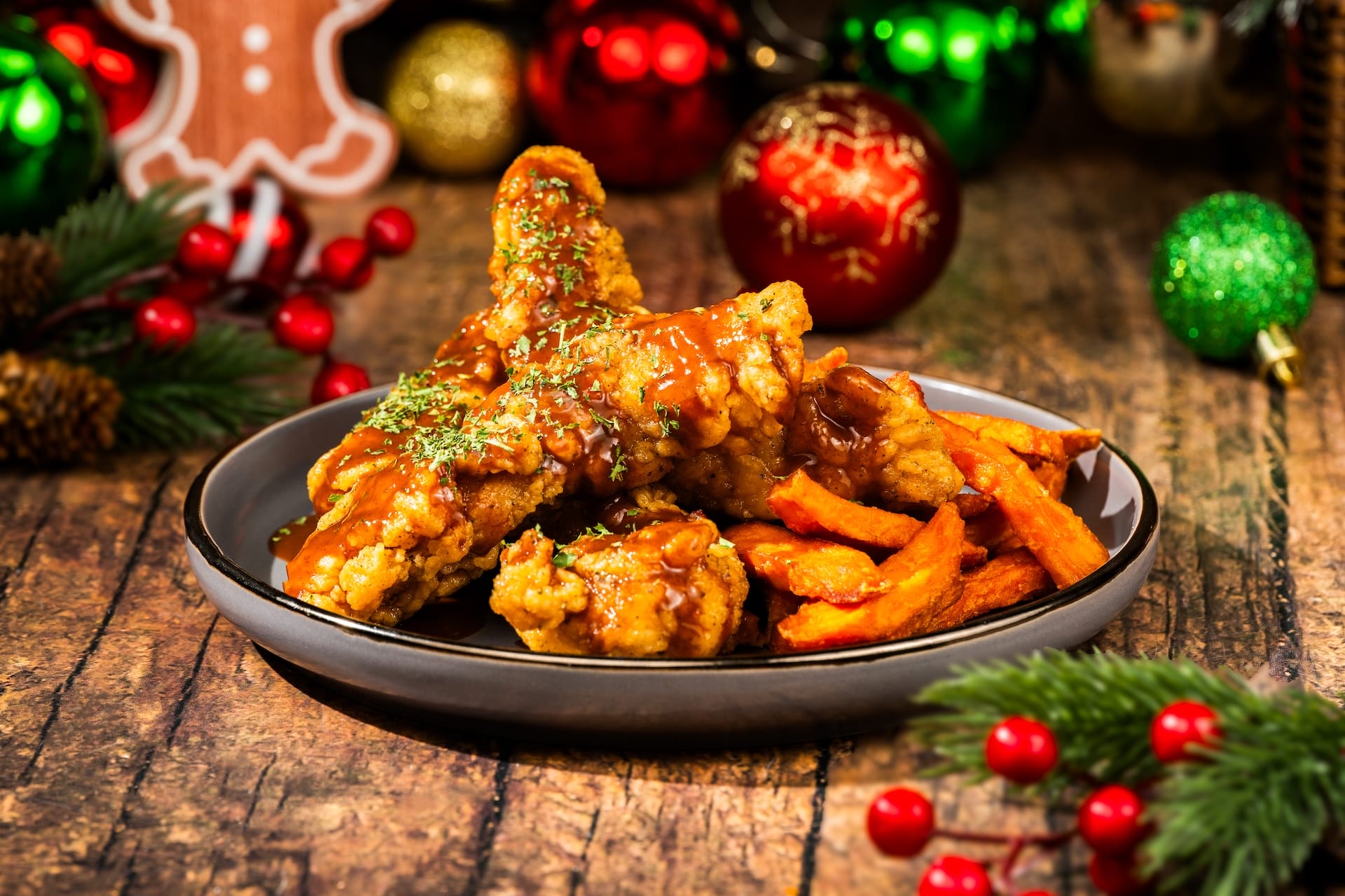 Holiday plate of fried chicken, sauce, and sweet potato fries at Mickey’s Very Merry Christmas Party, a festive Disney Parks treat.