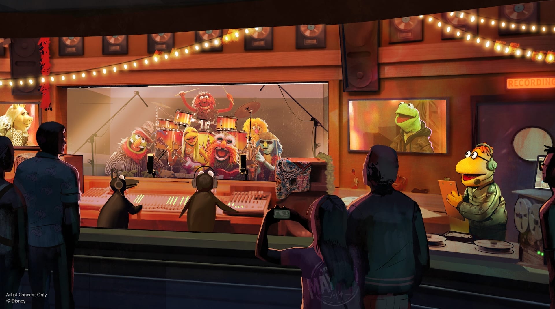 Concept art of the queue for Rock ‘n’ Roller Coaster Starring The Muppets at Disney’s Hollywood Studios, showing Dr. Teeth and the Electric Mayhem recording in a music studio as guests walk by.