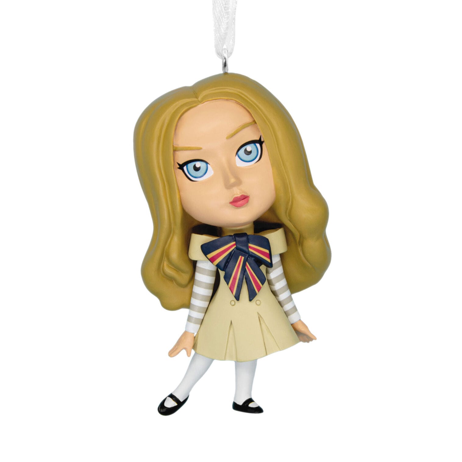 A Hallmark Ornaments doll with long blonde hair and blue eyes, dressed in striped sleeves, bowtie, and beige dress