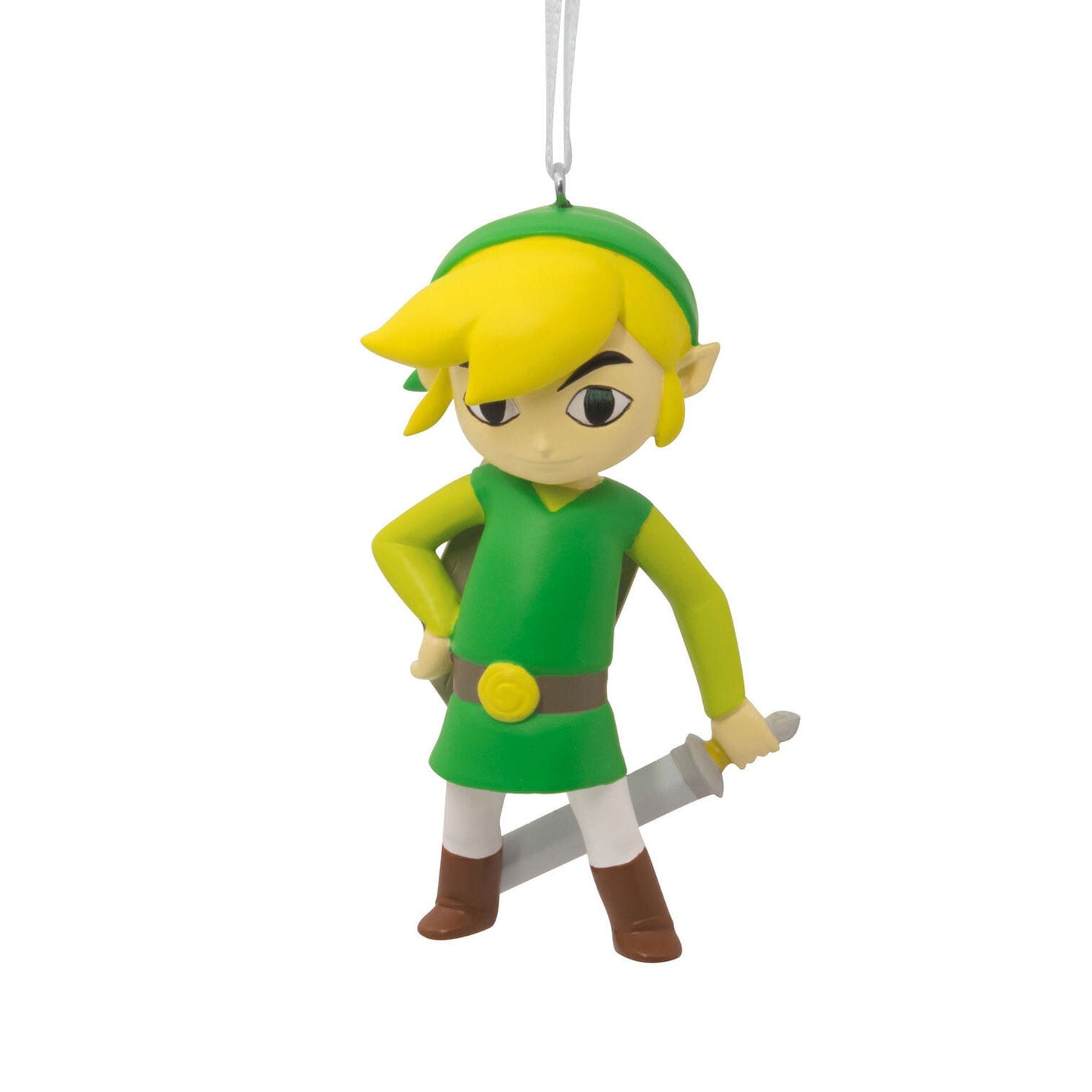 Cartoon character in green outfit and hat holding a sword