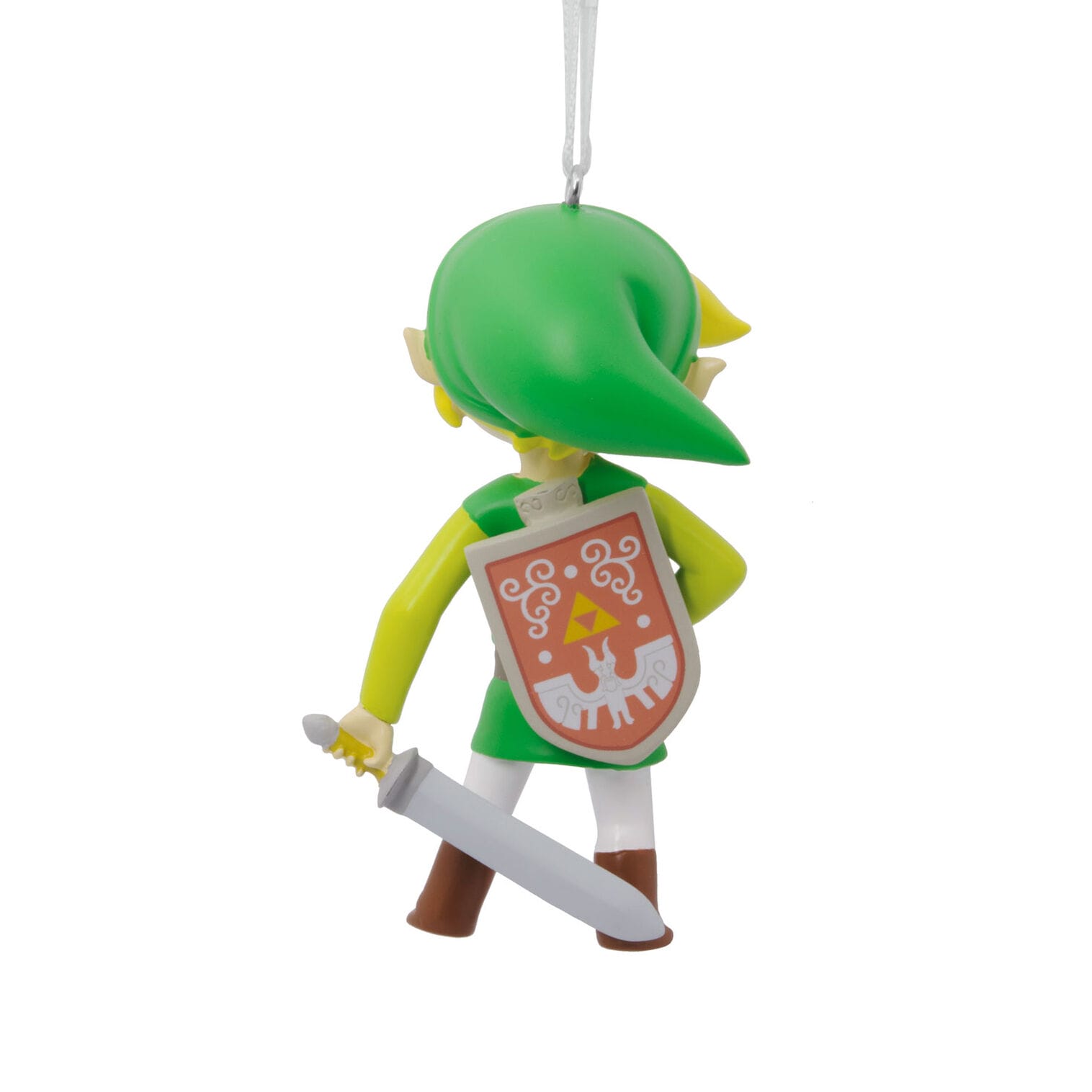 Hallmark ornament of a green-clad cartoon hero holding a sword and shield, back view
