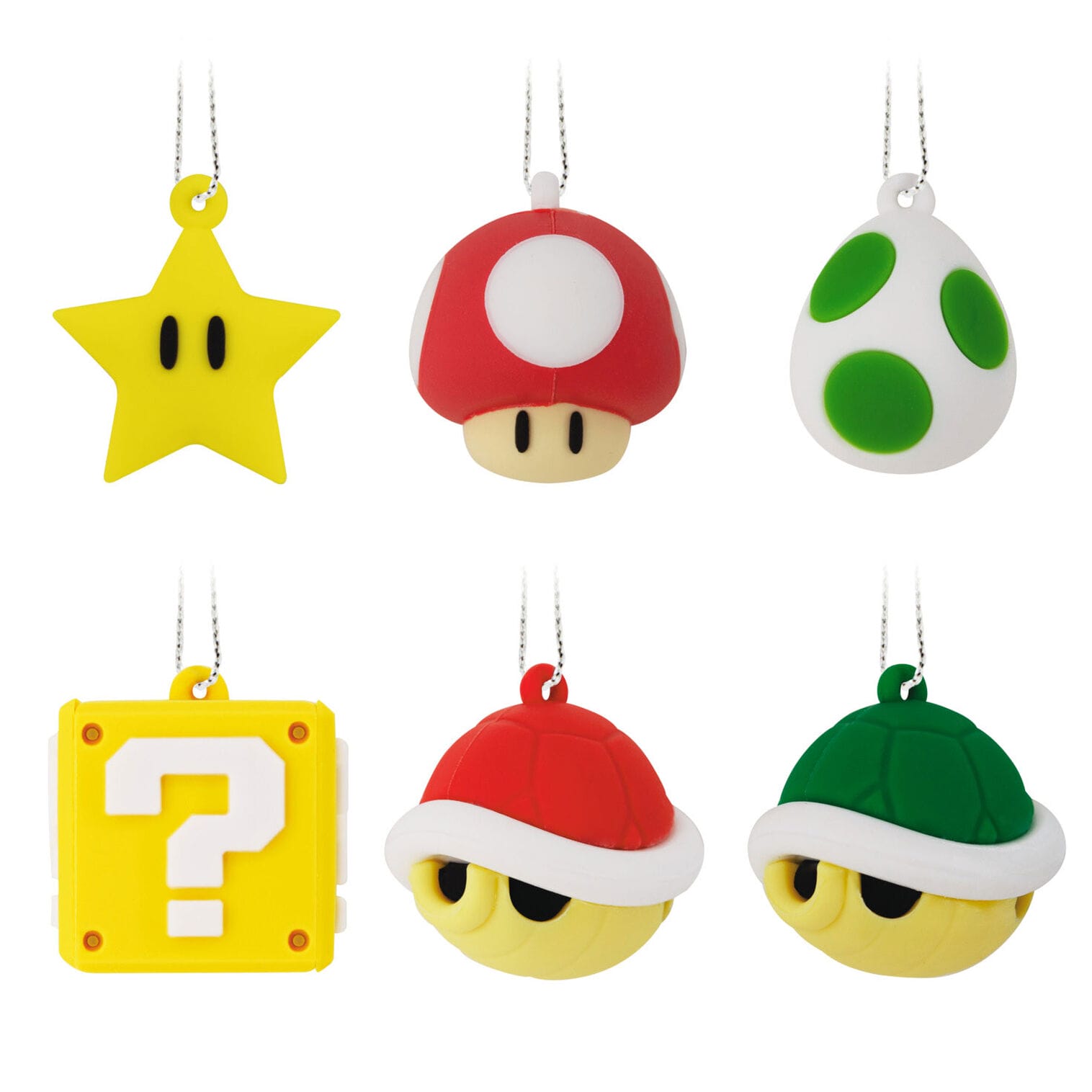 Six Hallmark ornaments—star, mushroom, Yoshi egg, question block, red and green shells