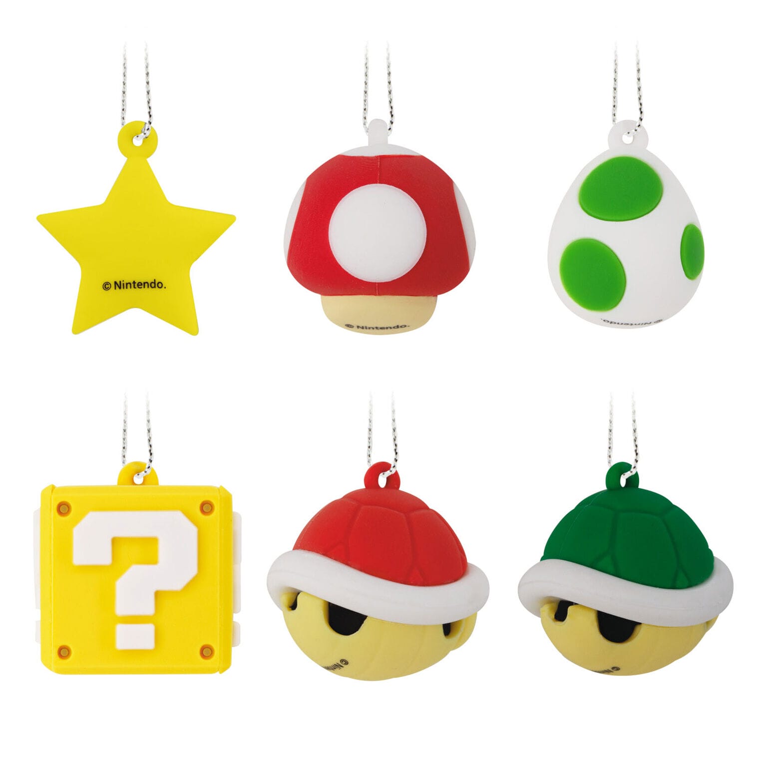 Six Hallmark Ornaments with Nintendo icons: star, mushroom, Yoshi egg & more