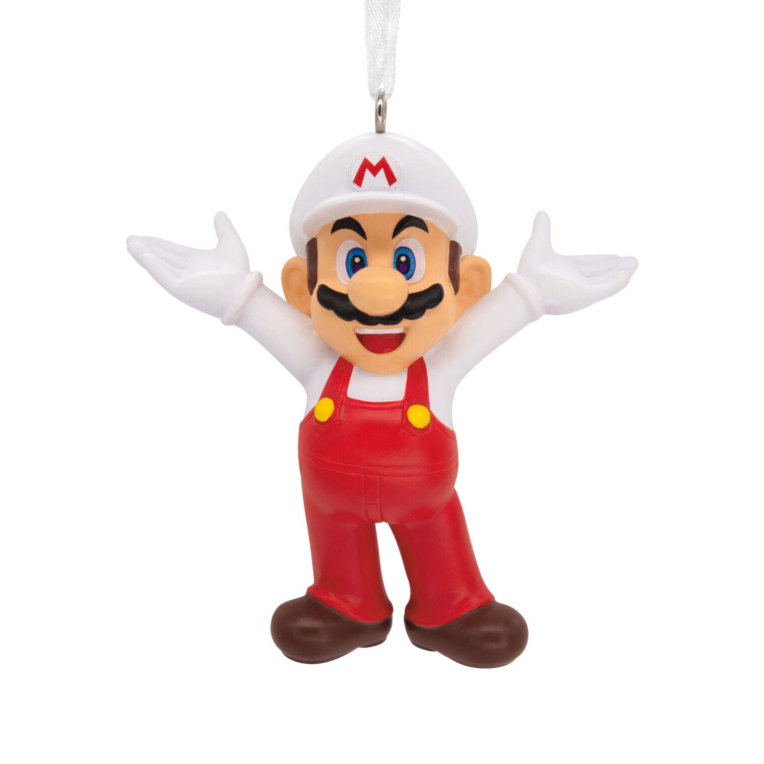 A Mario ornament in red overalls and a white hat dangles by a string—more Universal style