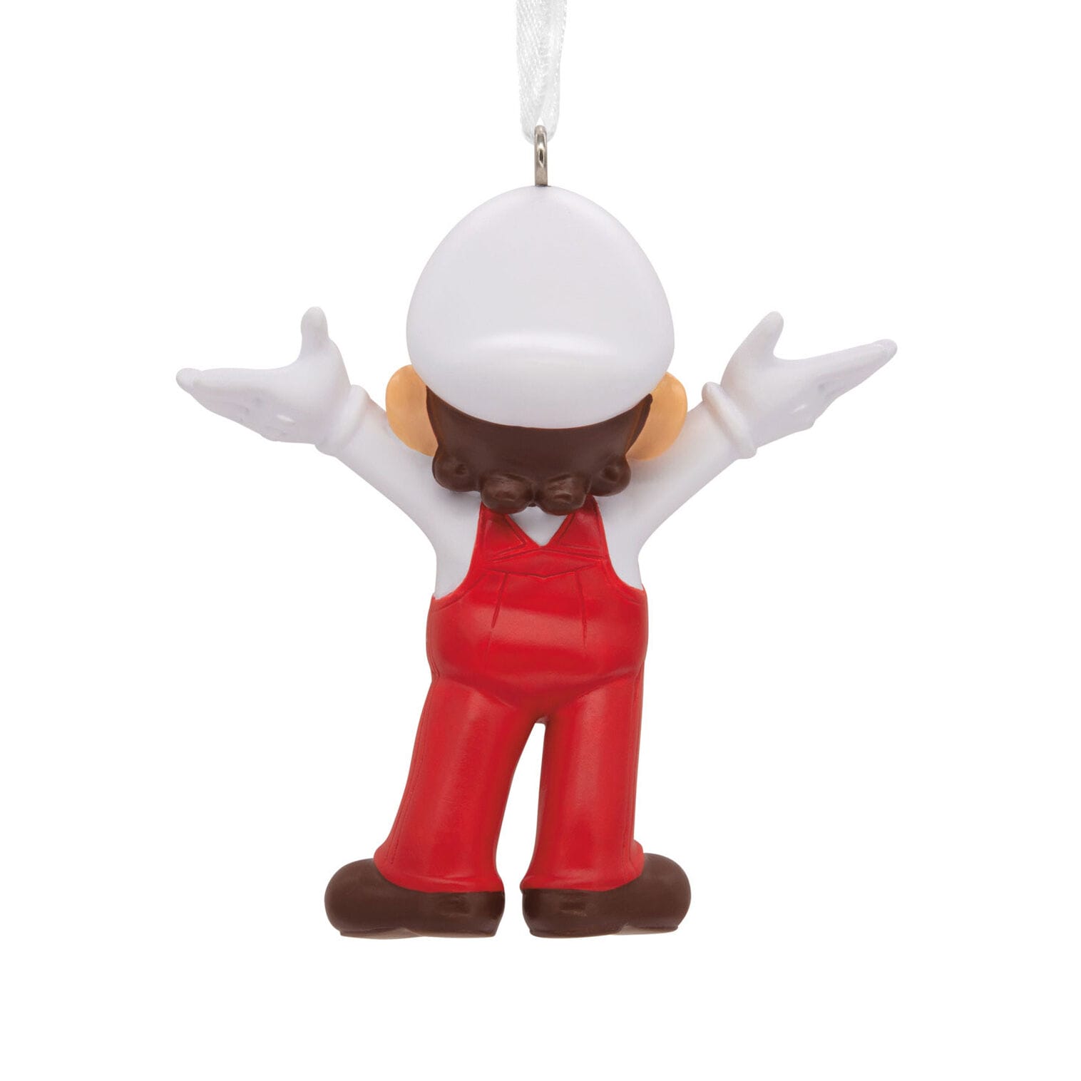 Cartoon figure in red overalls and white hat, arms up, seen from behind