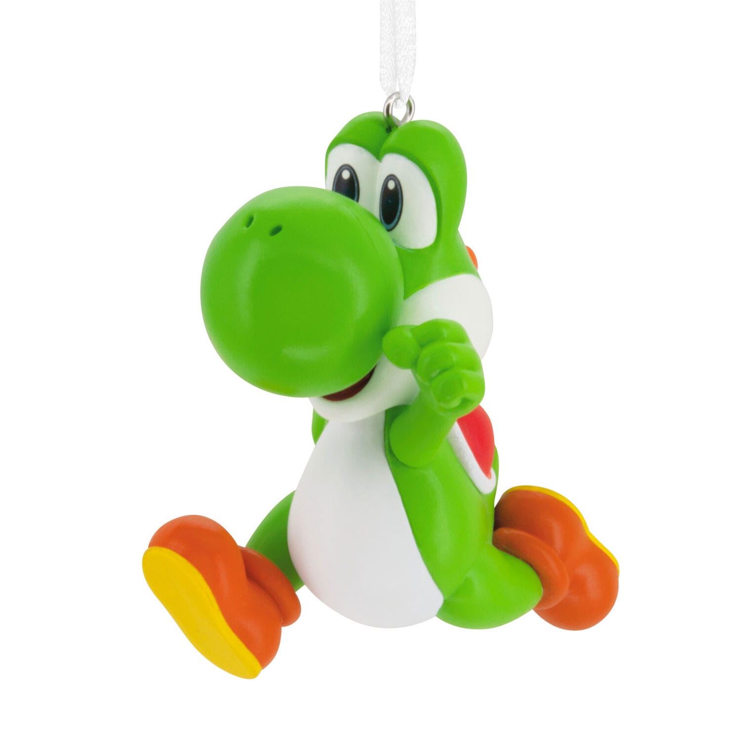 Yoshi ornament, the cheerful green dinosaur from Mario, dashes in orange shoes—Hallmark style