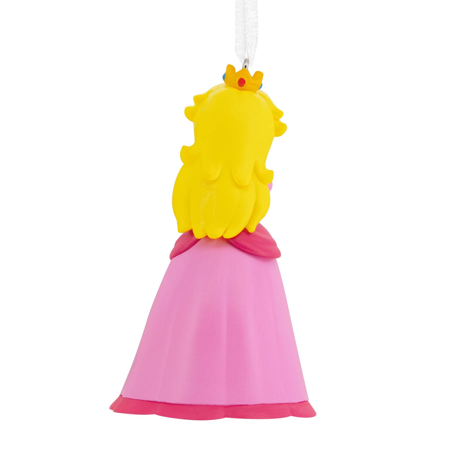 Hallmark collectible ornament of a cartoon princess in a pink dress and crown, seen from behind, white ribbon