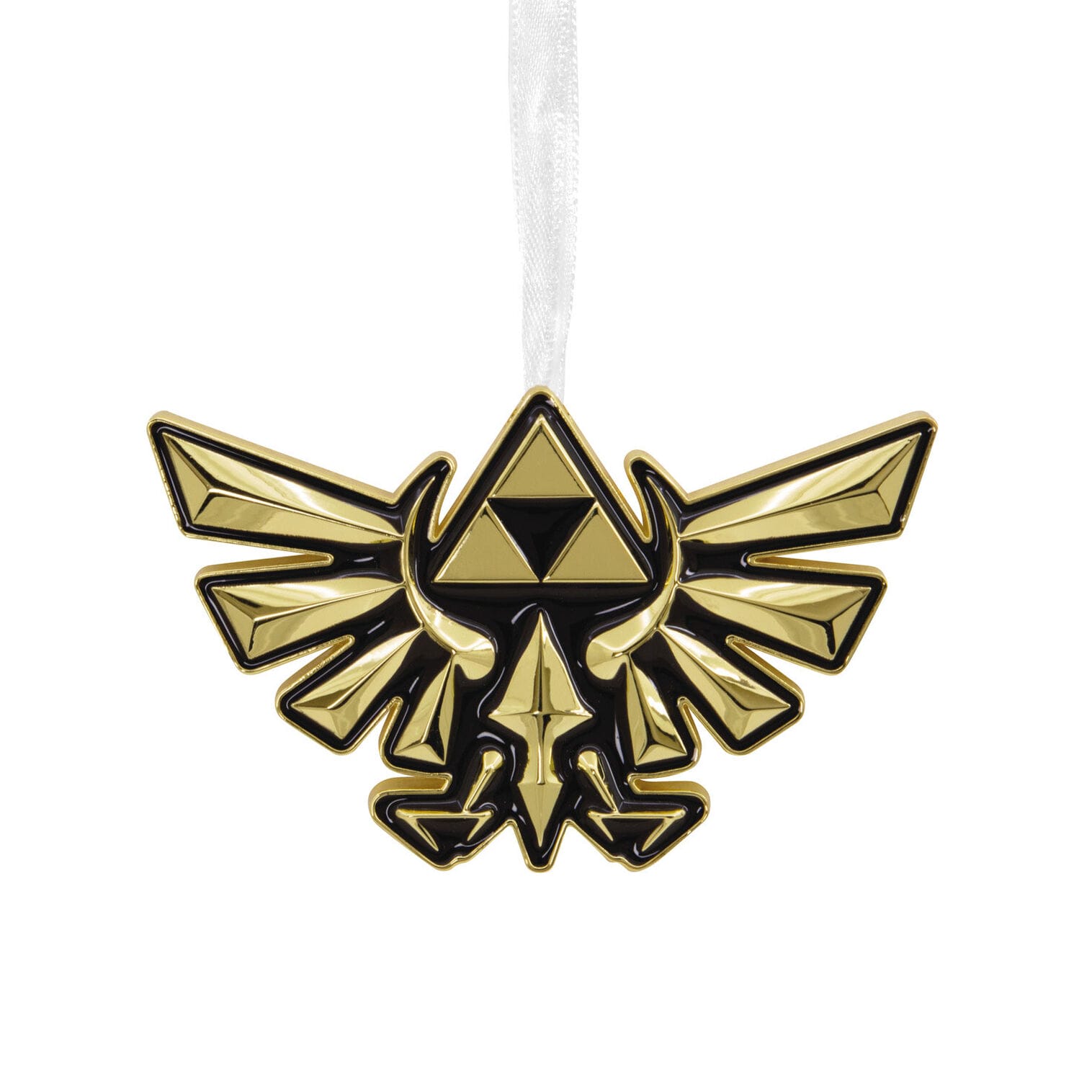 A gold and black Hyrulian Crest ornament with a white ribbon