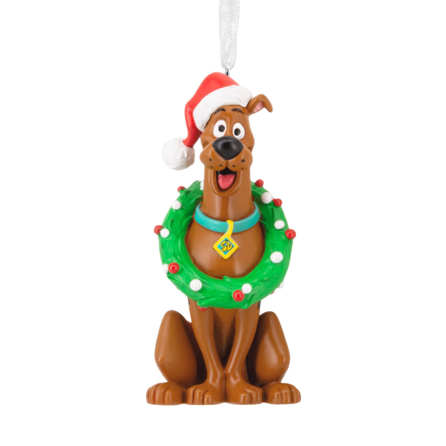Scooby-Doo figurine wearing a Santa hat and festive wreath, smiling—holiday decoration