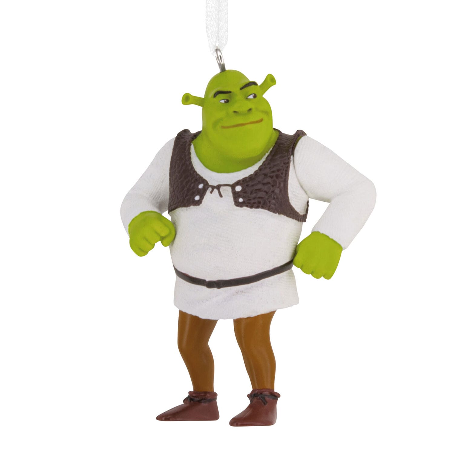 Hallmark ornament of Shrek, the green ogre, stands confidently