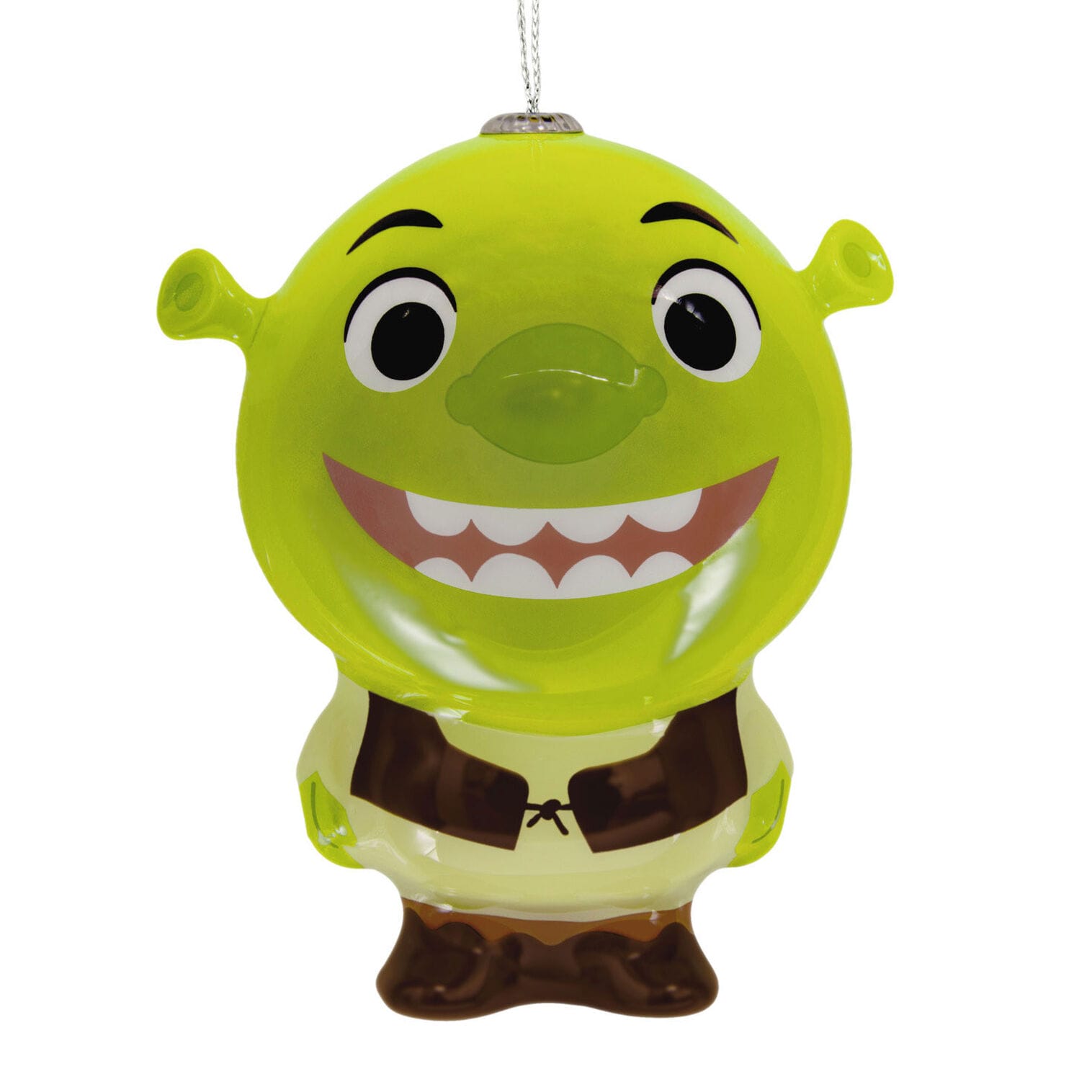 A cartoonish green ogre ornament with big eyes and a wide smile, styled like Universal Studios characters