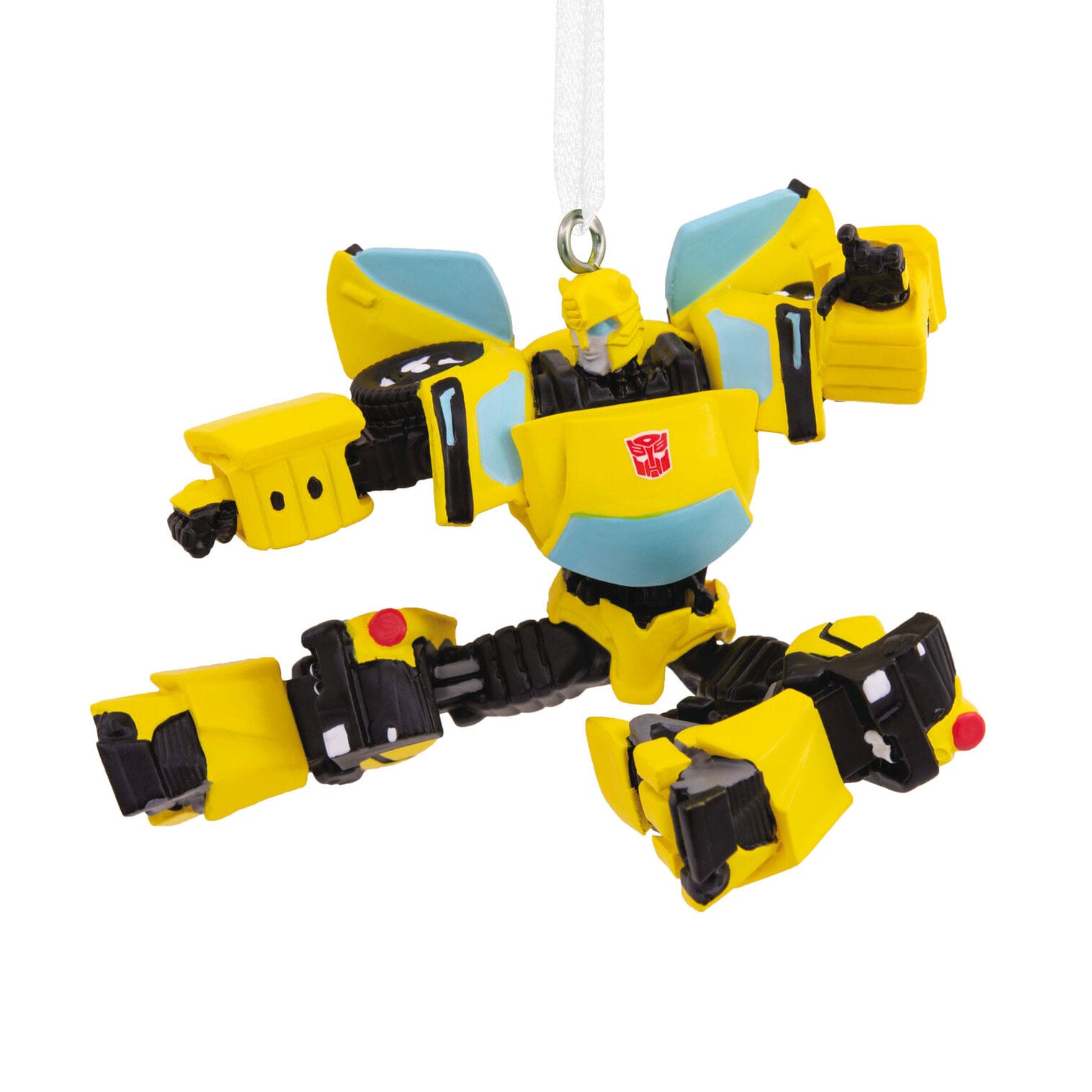 Yellow and black robot ornament with blue accents