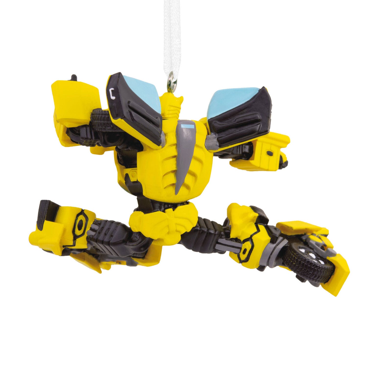 Yellow and black robot ornament with blue accents, dynamically posed