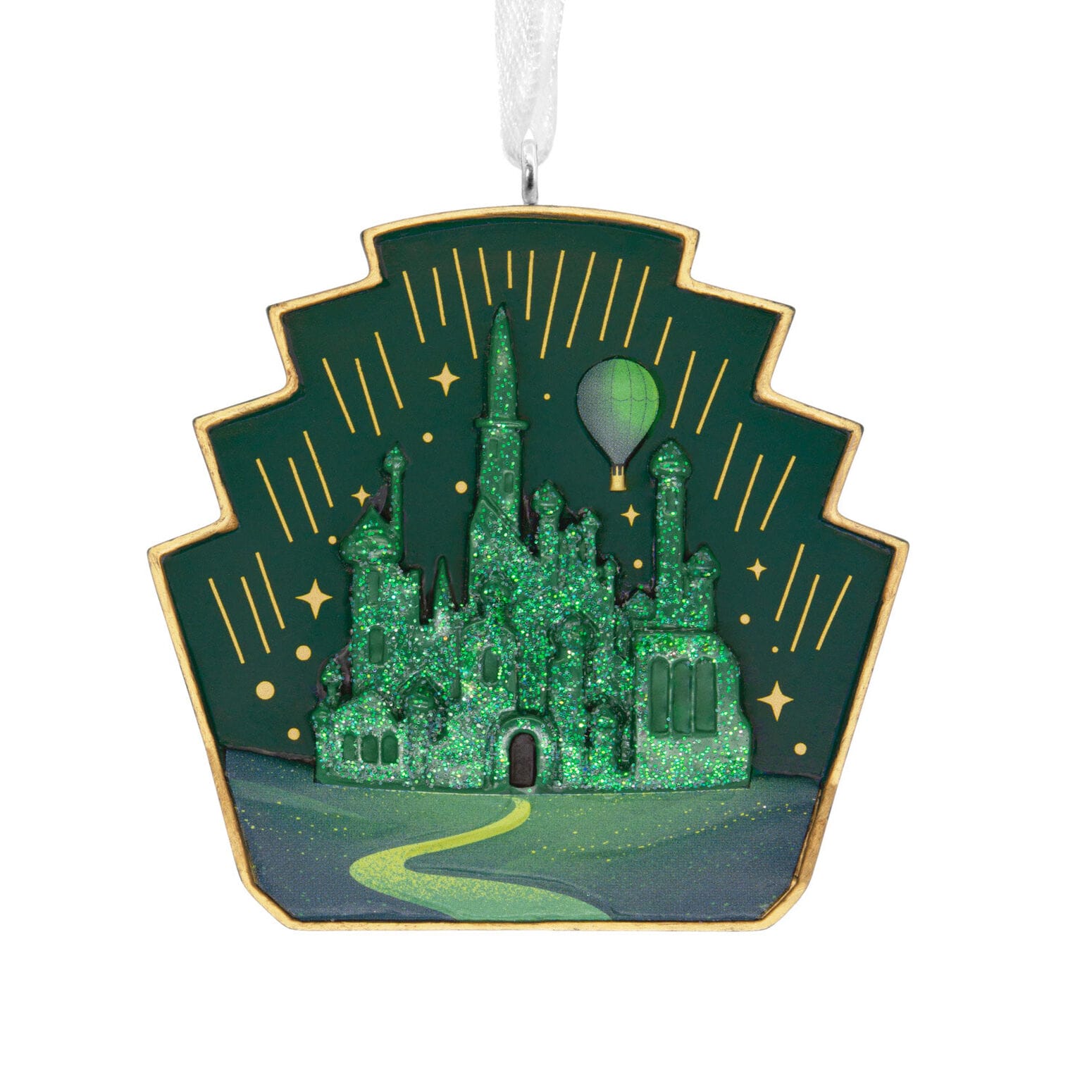 Green glittery Emerald City ornament with yellow brick road and balloon