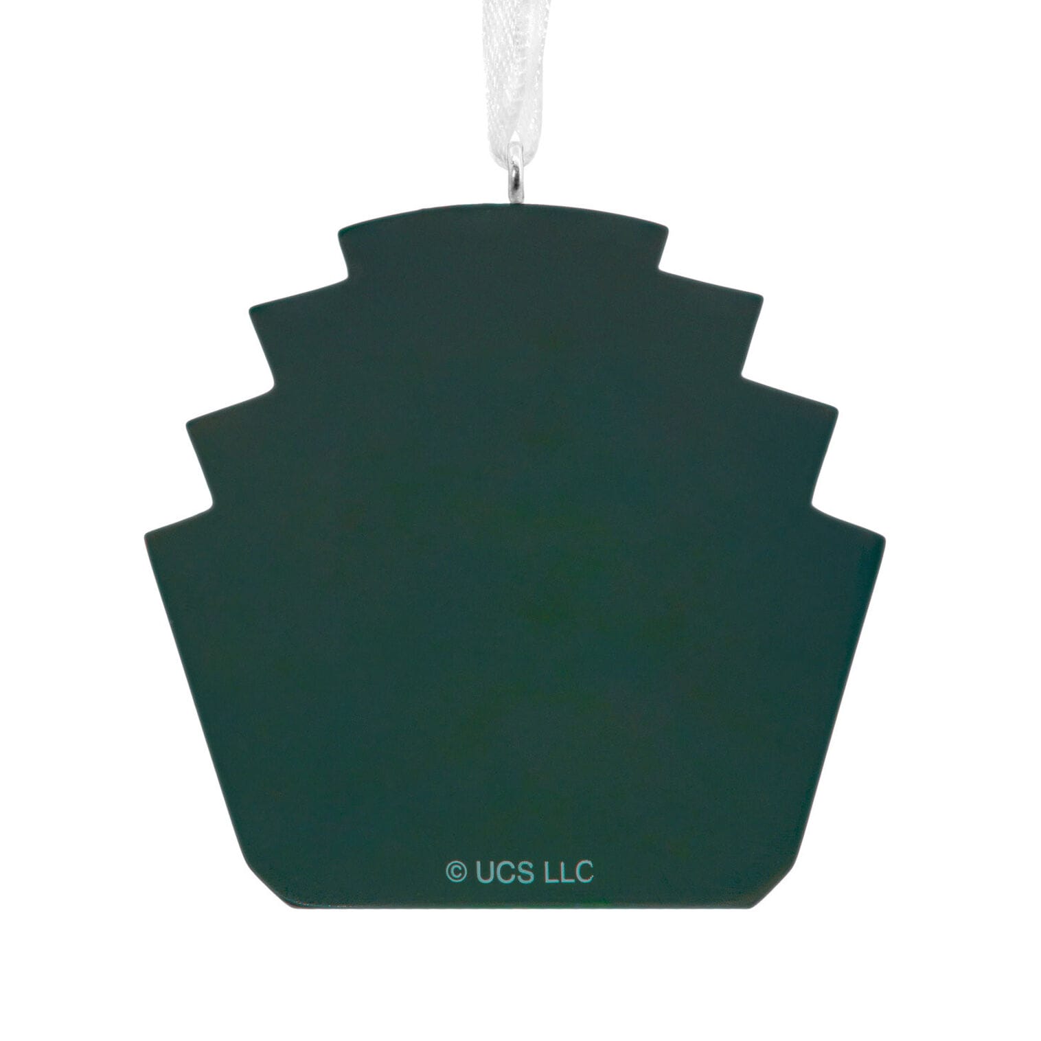 A black, tiered Hallmark ornament with a white ribbon, reminiscent of park decor; "© UCS LLC" is printed at the bottom center.