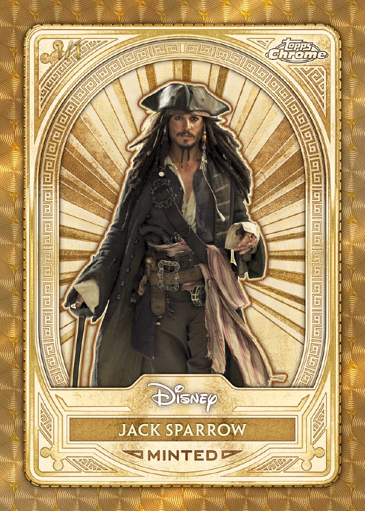 A Topps trading card of Disney’s Jack Sparrow in pirate gear, gold ornate borders, "MINTED" label, no park castle comparison shown.