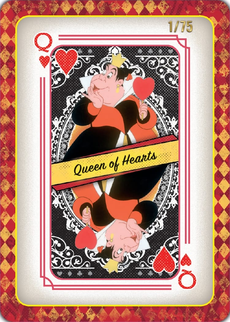 The Queen of Hearts card, Topps-style, shows a cartoon queen with a heart, evoking playful Disney park character art.