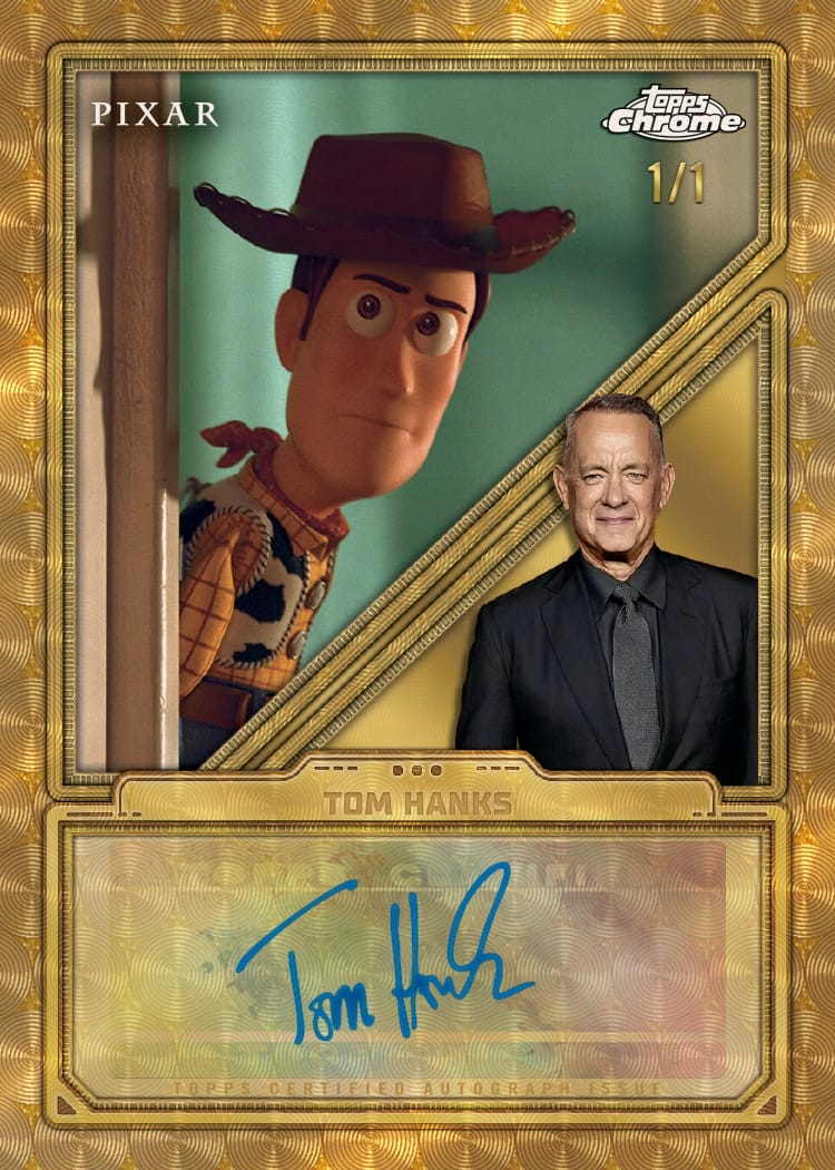 Golden Topps Trading Card with Woody from Toy Story, Tom Hanks, and his autograph—no Disney castle pictured for comparison.