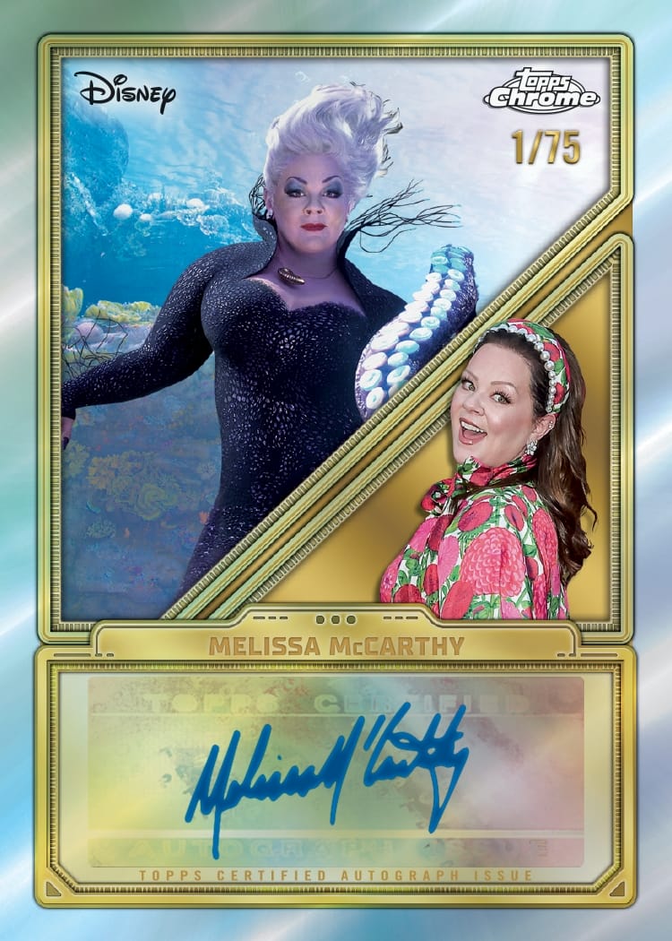 Topps Trading Card of Melissa McCarthy as Ursula underwater, smiling in floral attire with her autograph below—no Disney castle shown.