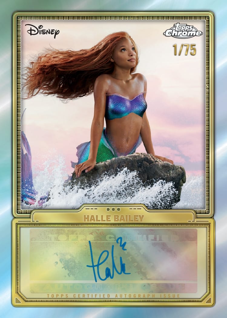 Halle Bailey as Ariel on a Topps Trading Card, mermaid on a rock, autograph below—captured in iconic Disney Parks style.