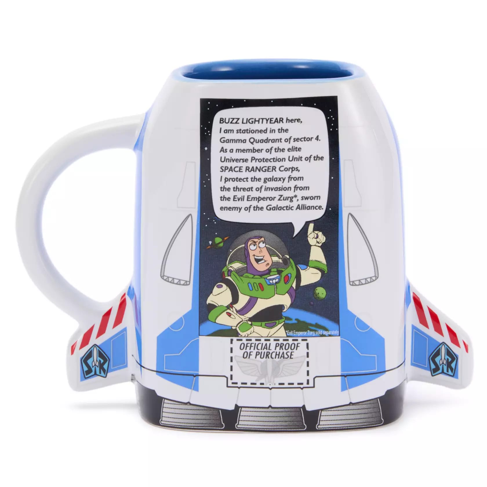 Back of blue and white Buzz Lightyear spaceship box mug showing a comic panel and "proof of purchase."
