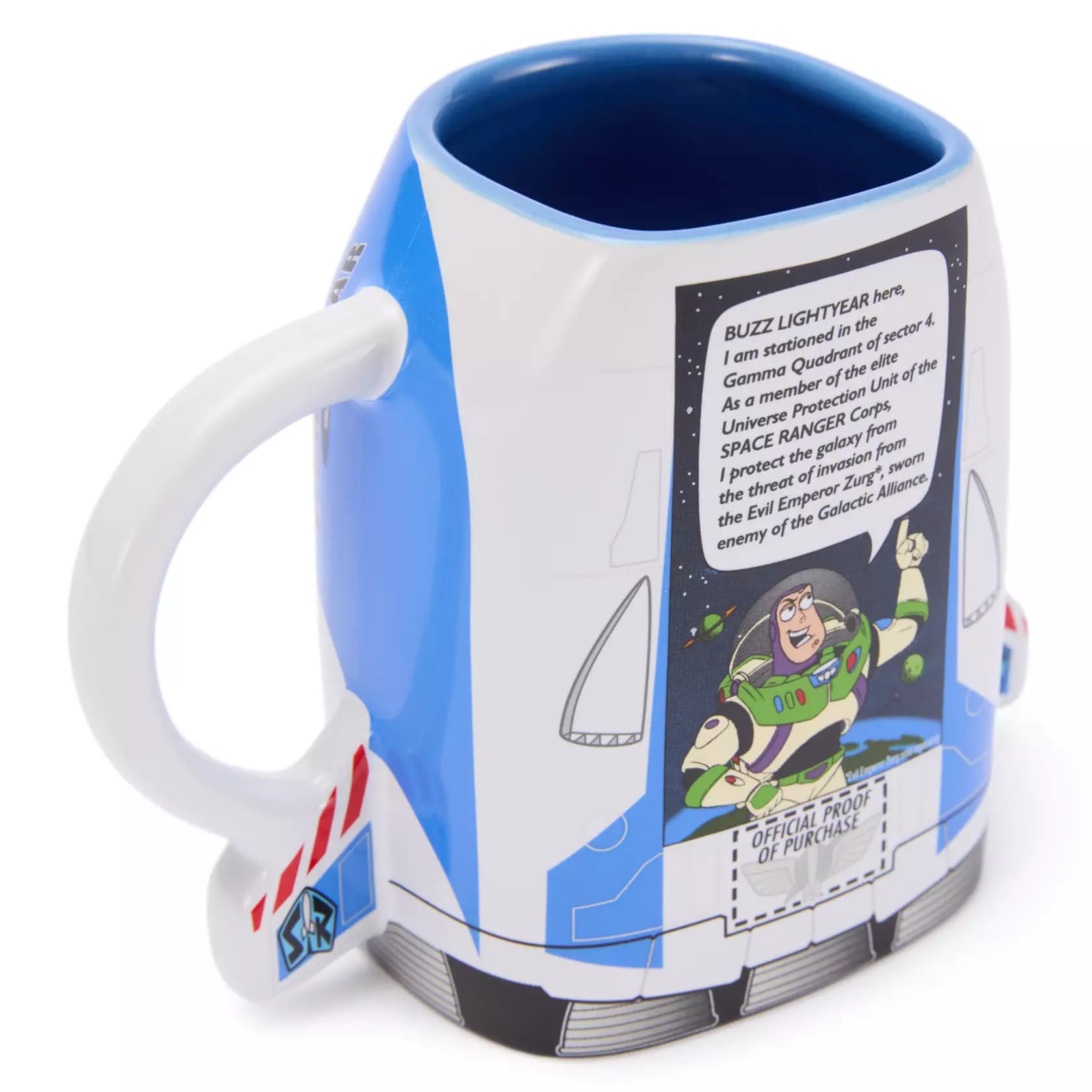 Back of blue and white Buzz Lightyear spaceship box mug showing a comic panel and "proof of purchase."