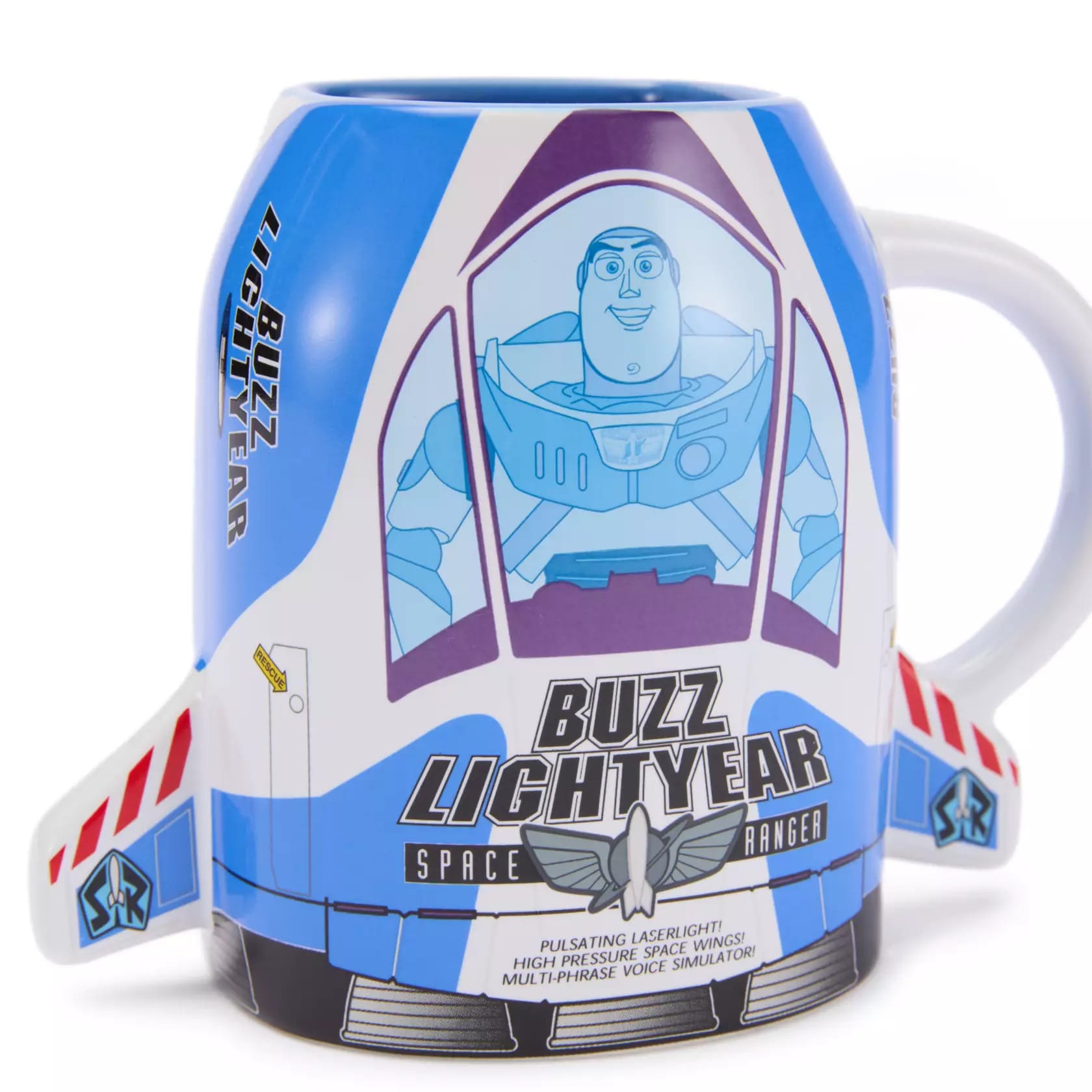Blue and white Buzz Lightyear spaceship box mug.