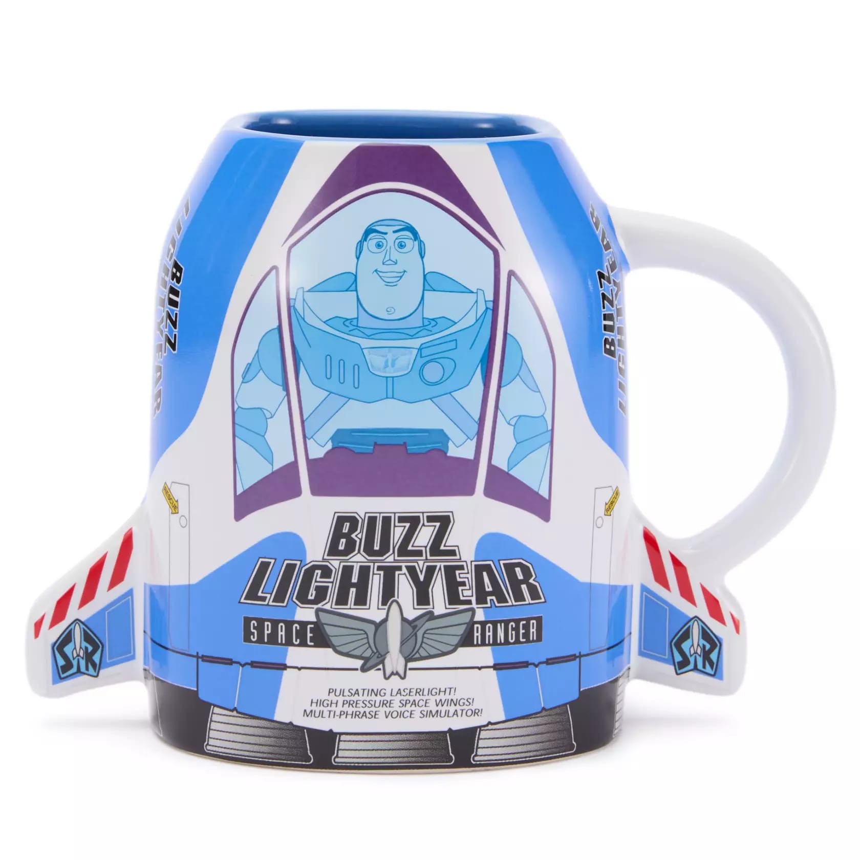 Blue and white Buzz Lightyear spaceship box mug.