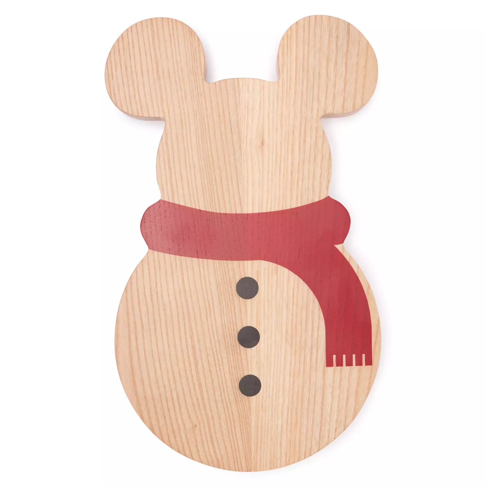 Wooden cutting board shaped like a Mickey snowman with a red scarf and three black buttons.