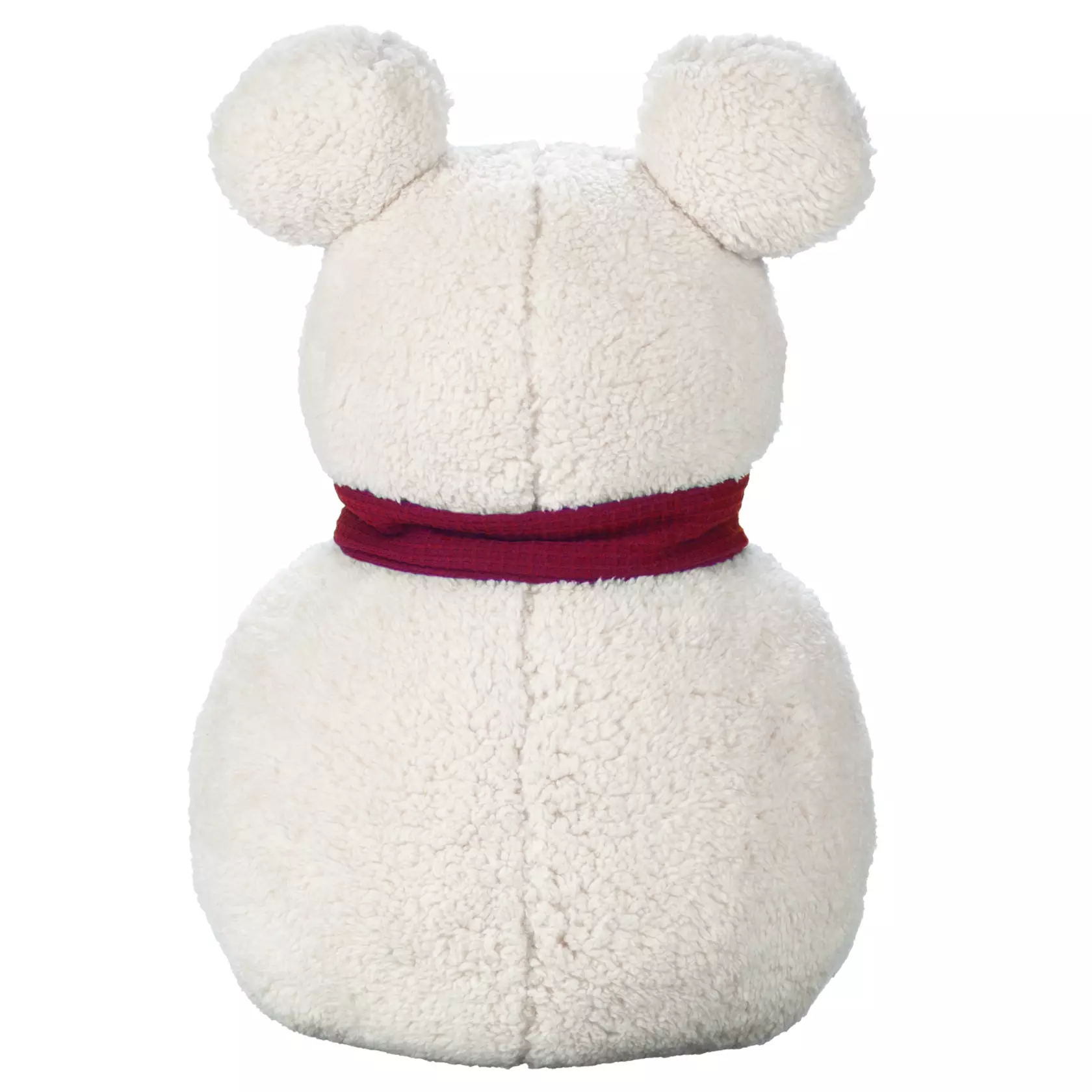 Back view of a minimalist Mickey Snowman throw pillow made of white plush with a red scarf.