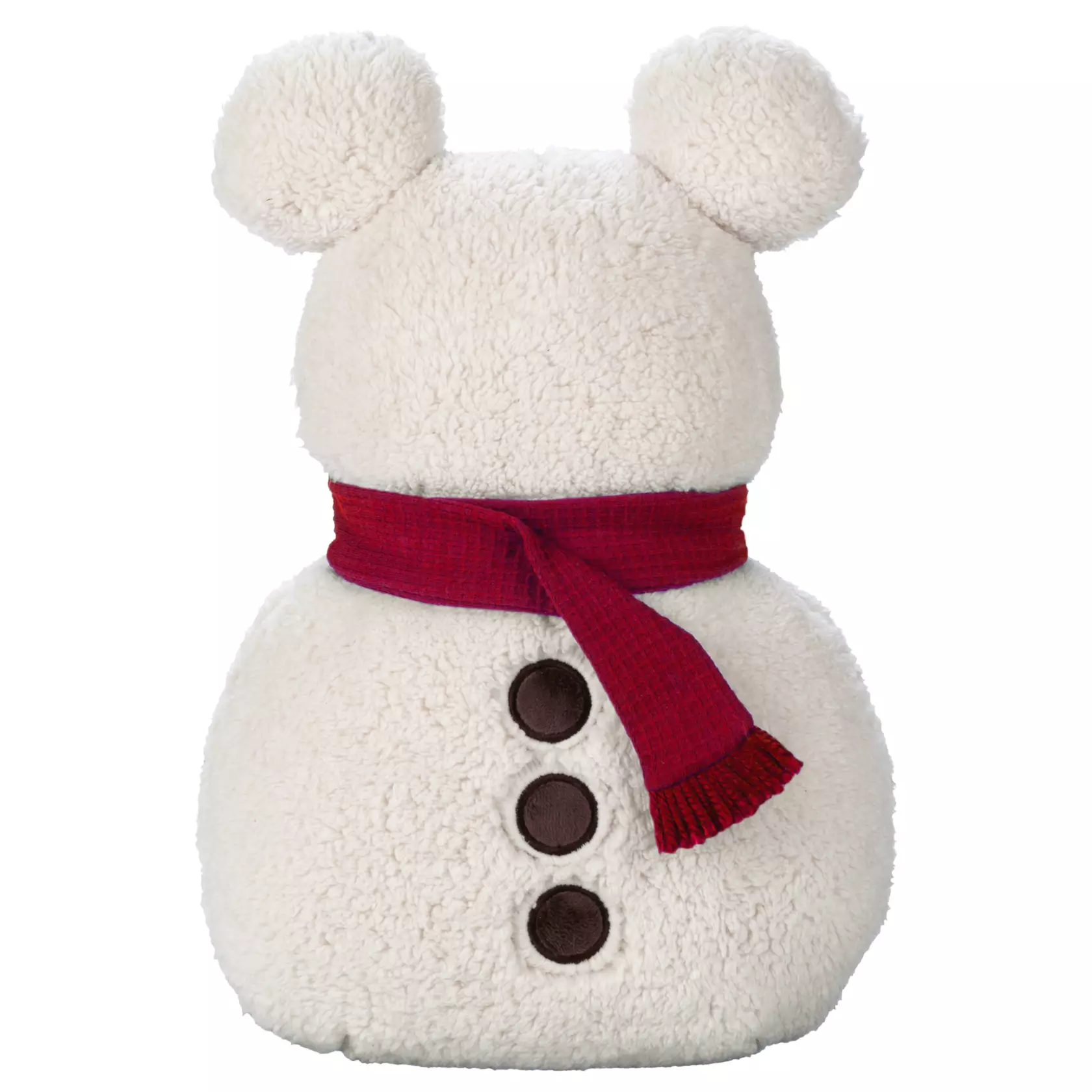 Minimalist Mickey Snowman throw pillow made of white plush with embroidered buttons and a red scarf.