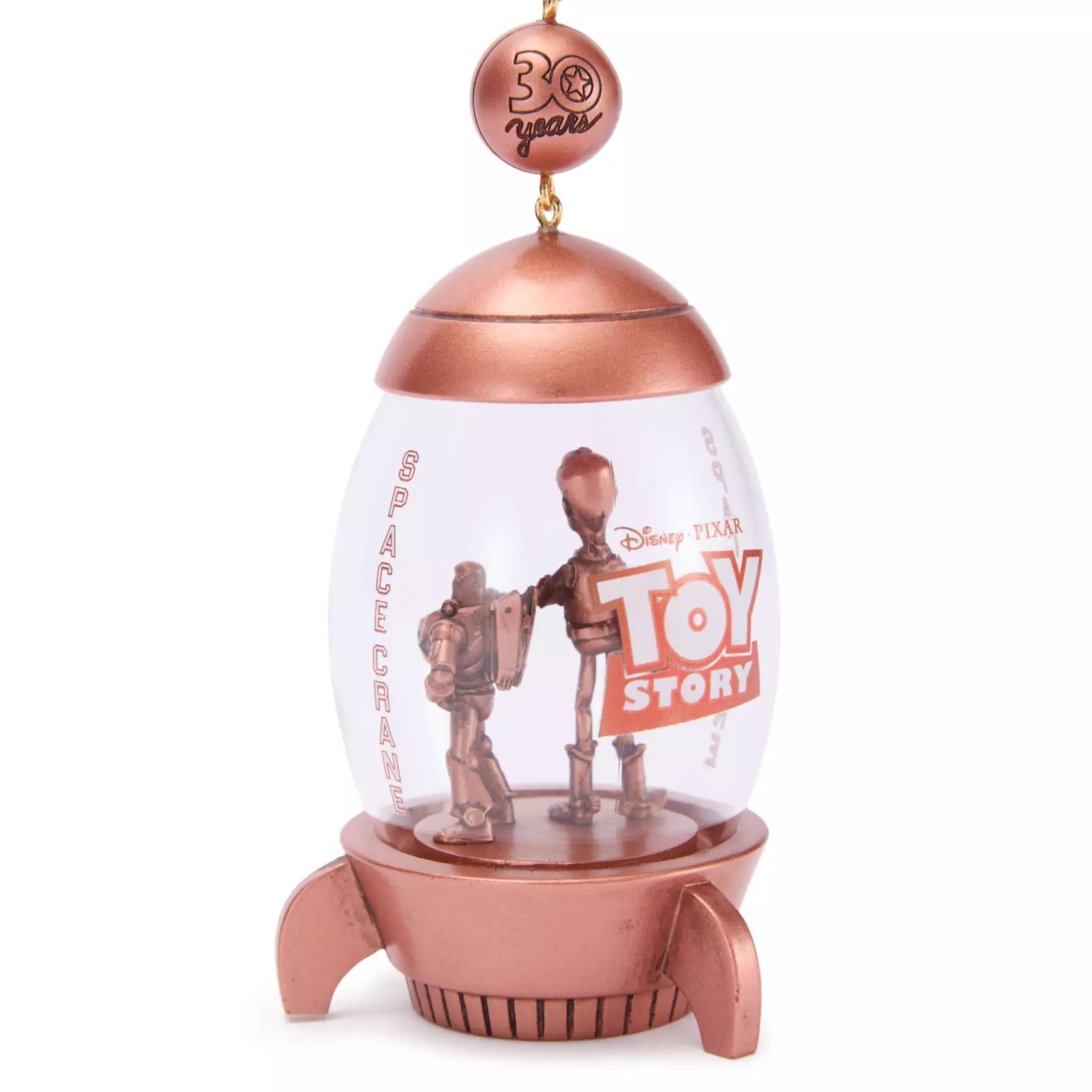 Bronze Toy Story 30th Anniversary ornament featuring Buzz and Woody inside a rocket-shaped capsule.