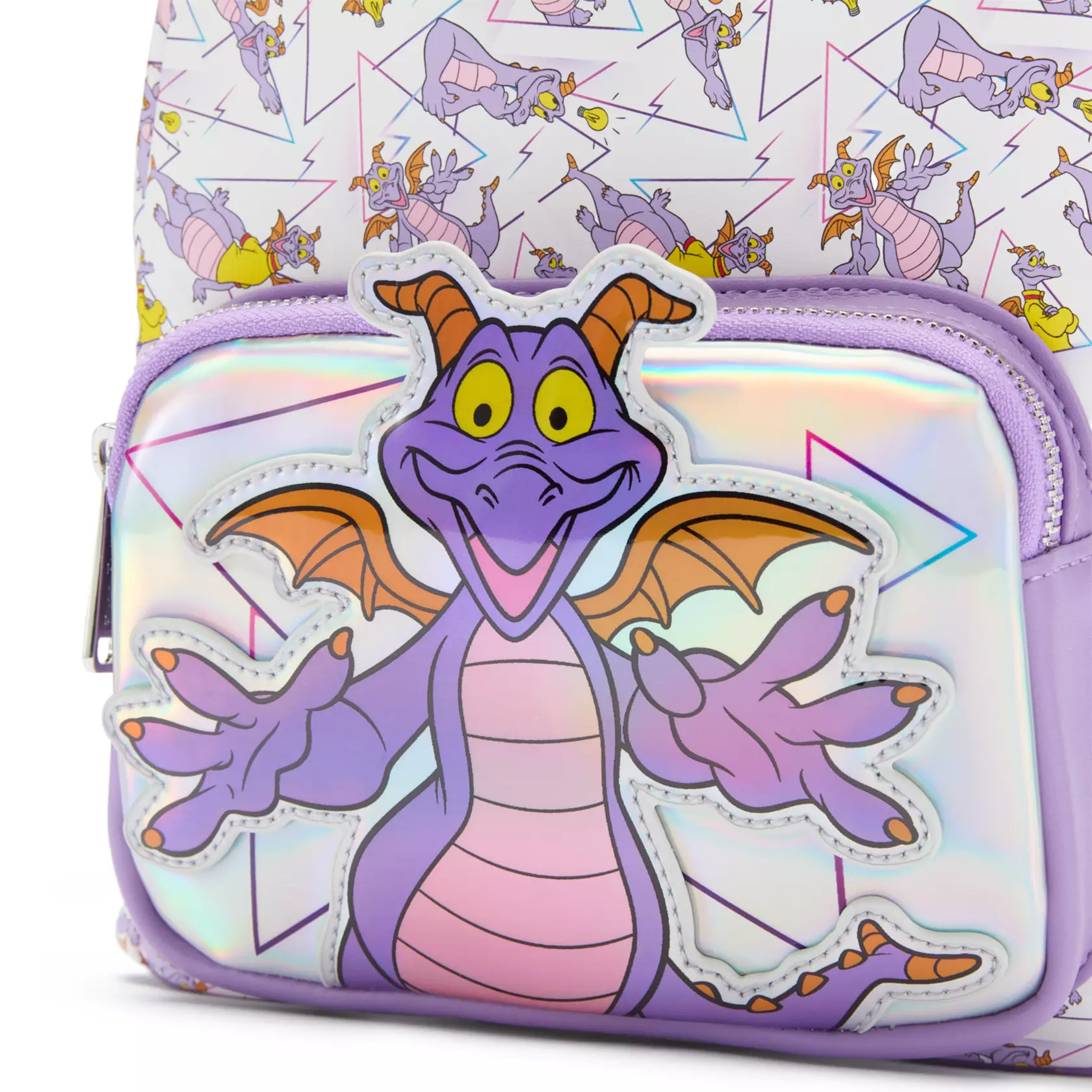 A Figment Loungefly pastel backpack showcases the playful EPCOT dragon, with orange wings and big eyes repeating in the pattern.