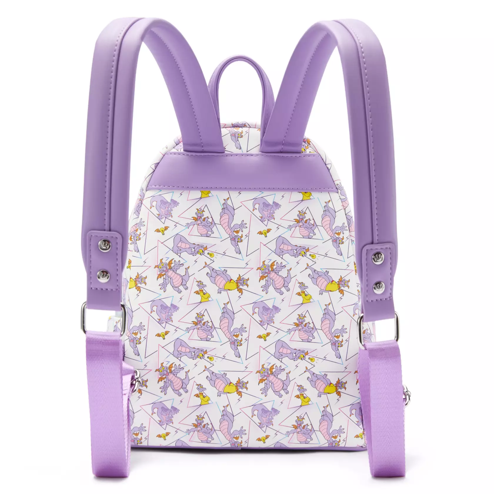 Back view of a Figment Loungefly backpack with purple straps, pastel unicorns, and stars—perfect for a day at a Disney park.