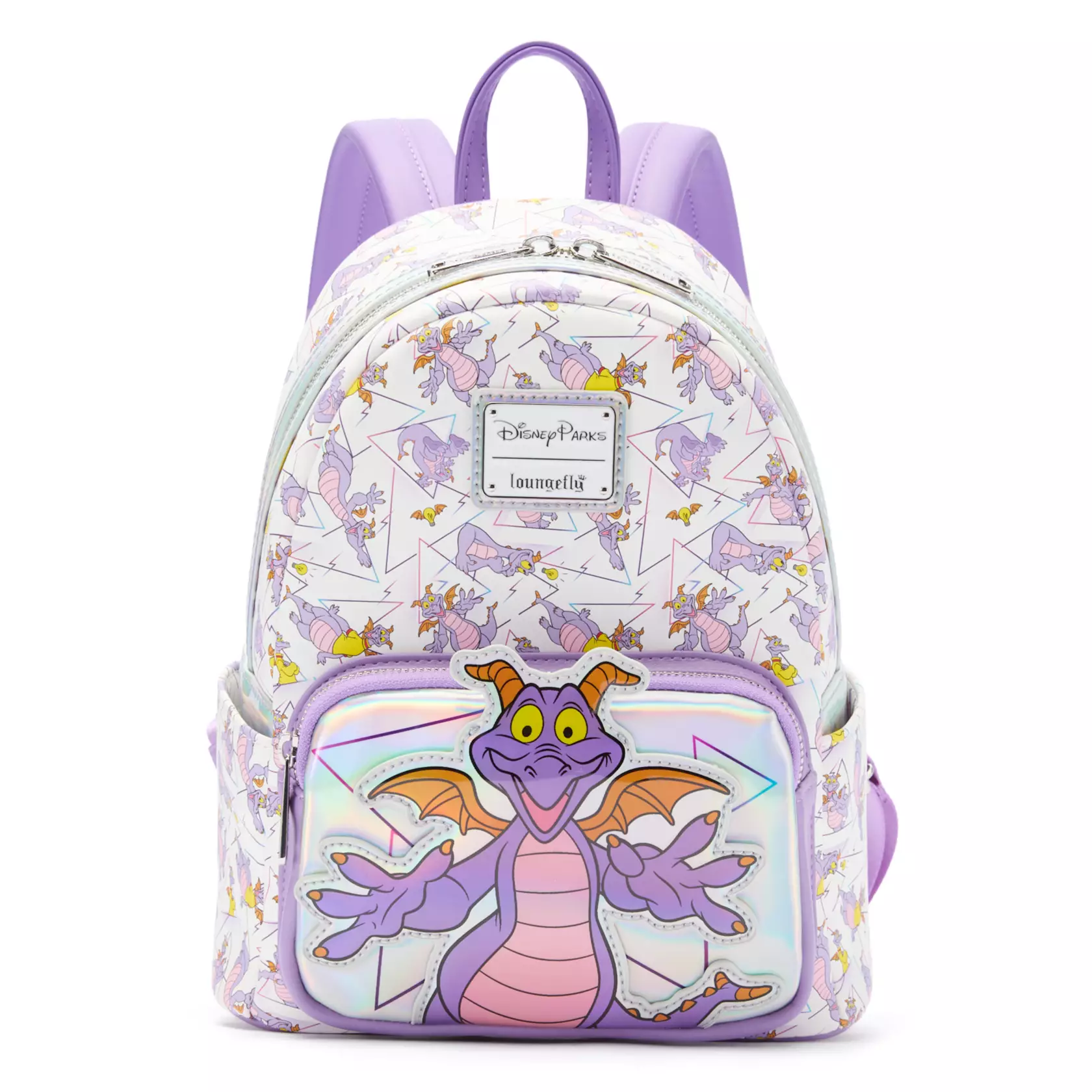 A white Figment Loungefly backpack with a shiny pocket, ideal for exploring Disney Springs—no castle in sight to compare.