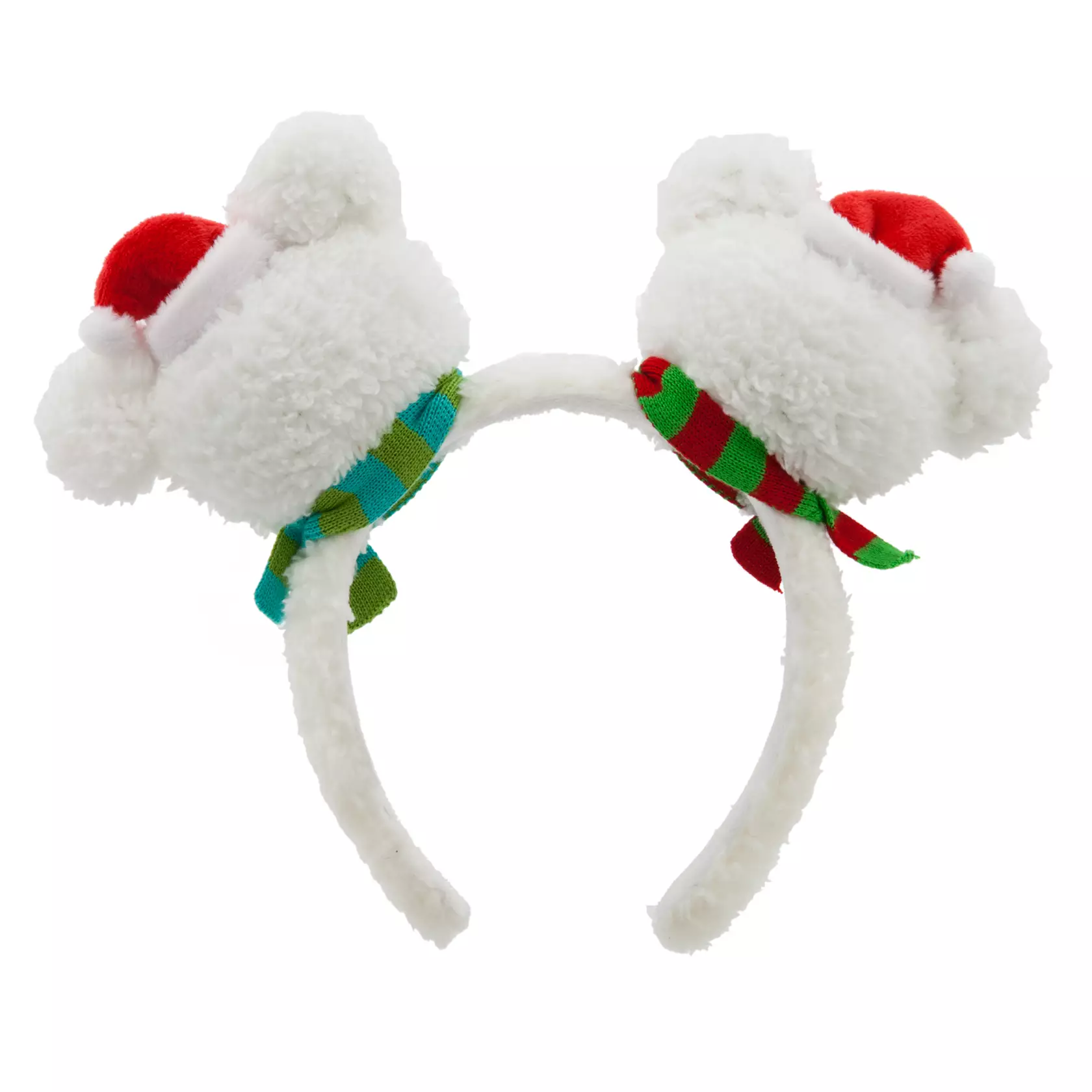 White headband with two plush Mickey snowman heads wearing Santa hats and striped scarves.