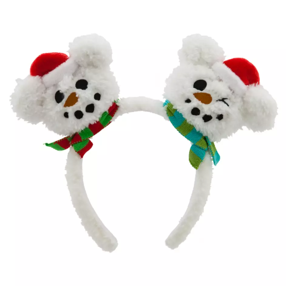 White headband with two plush Mickey snowman faces wearing Santa hats and striped scarves.