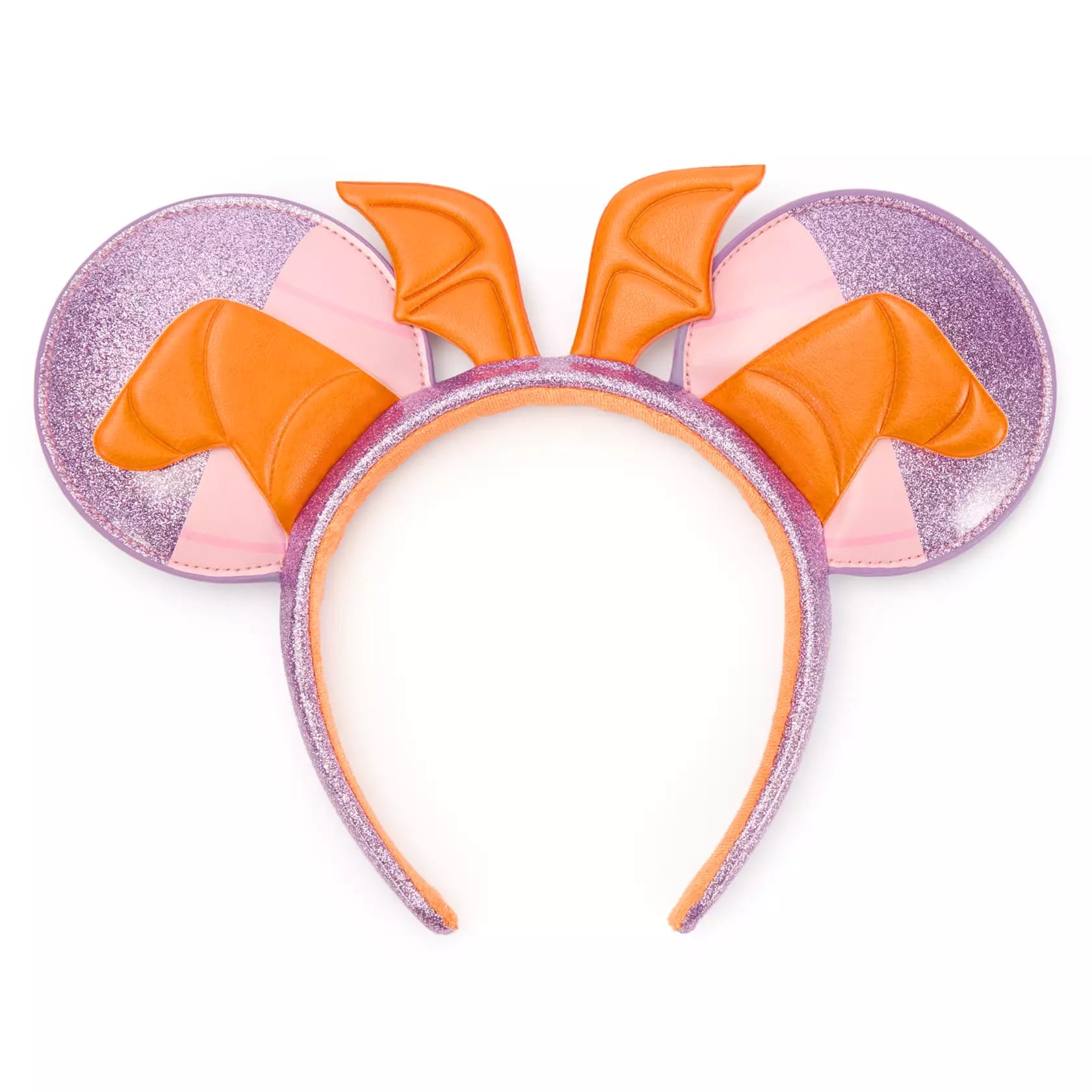 Figment-inspired glittery purple Minnie ear headband with orange horn and wing details.