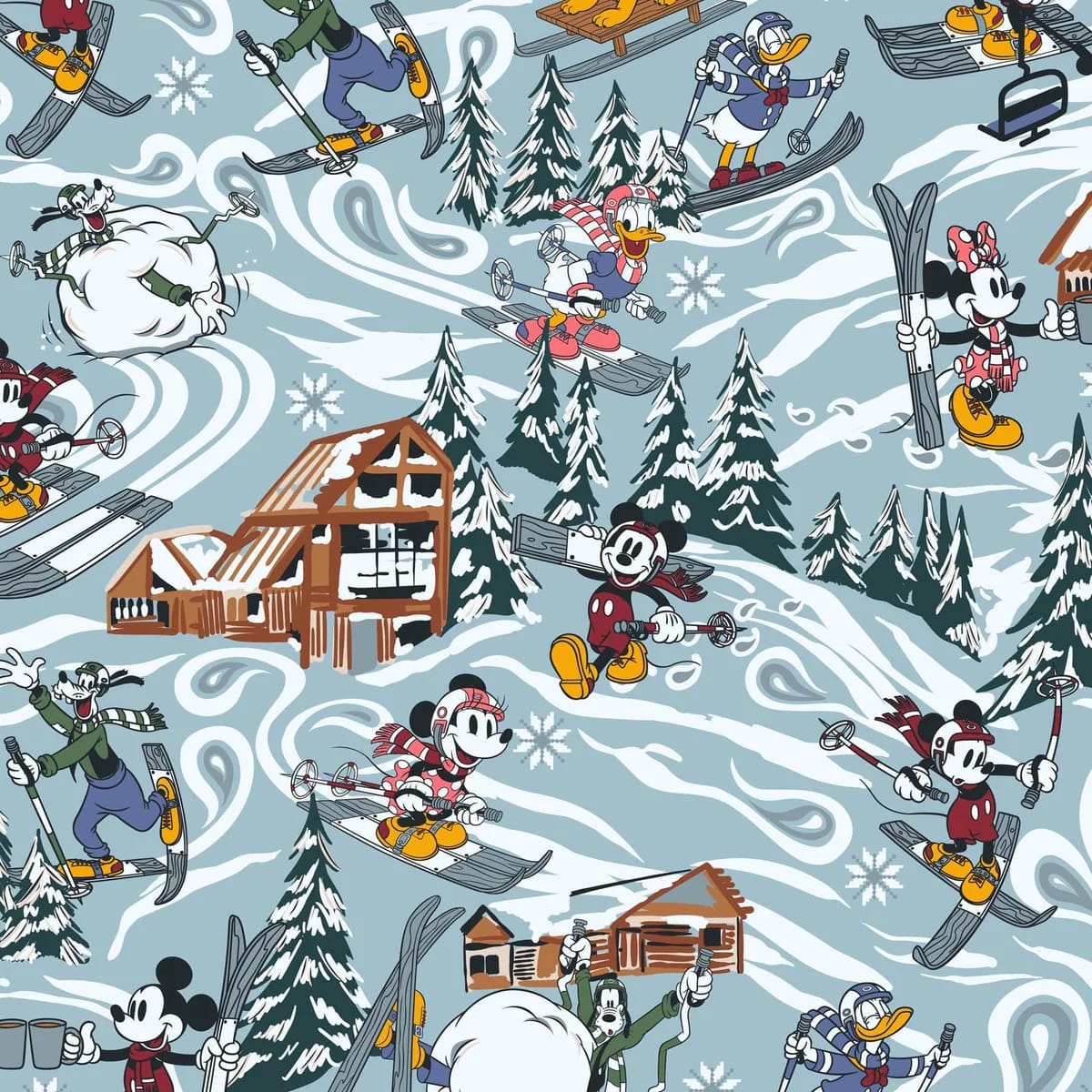 Disney characters skiing and snowboarding in a snowy scene, no castle visible to compare with Disney park castles in this collection.