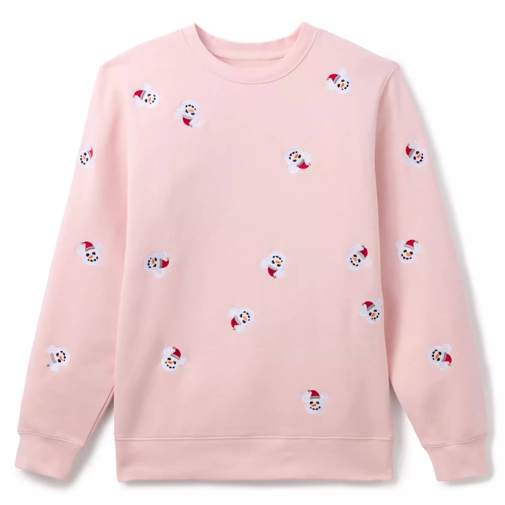 Light pink sweatshirt from the Mickey Snowman Collection with small embroidered snowman faces.