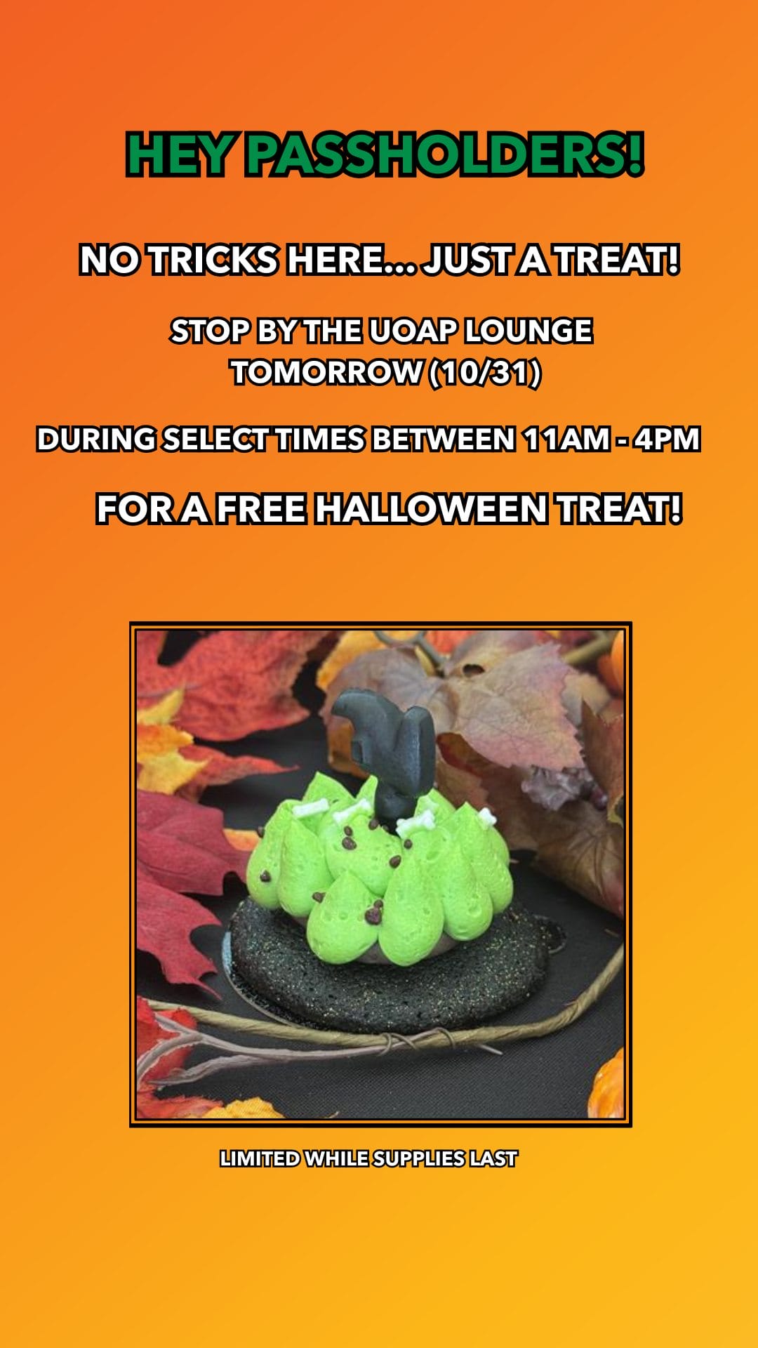 Disney Parks' Halloween green monster dessert on a cookie, fall leaves behind, with festive promo text above. No castle visible.