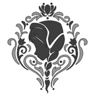 Silhouette of a girl with a braid, framed by ornate floral patterns in a Disney pumpkin stencil, reminiscent of park designs.