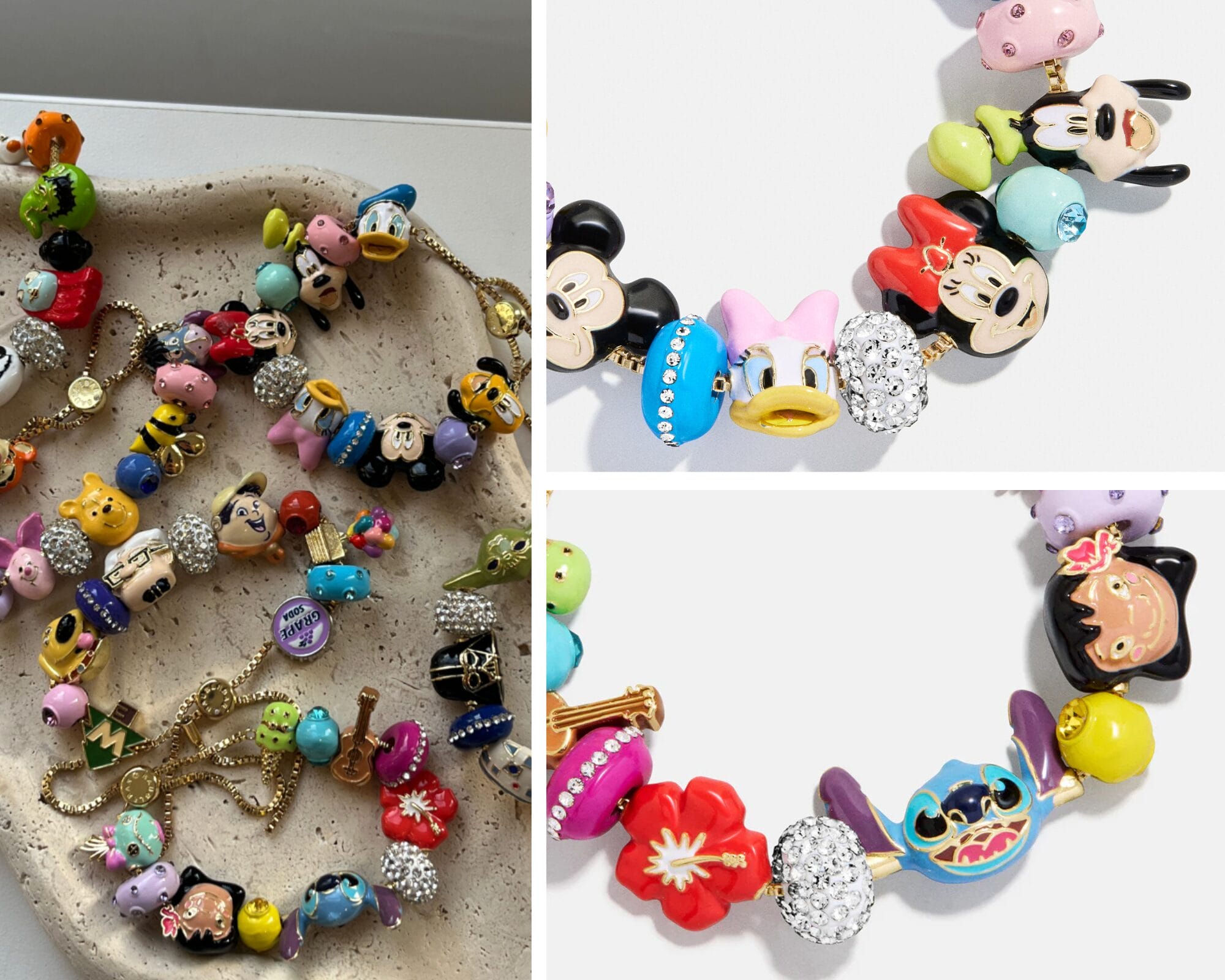 Colorful beaded necklace with BaubleBar Disney park character charms on a neutral tray, close-ups highlight detail reminiscent of park souvenirs.