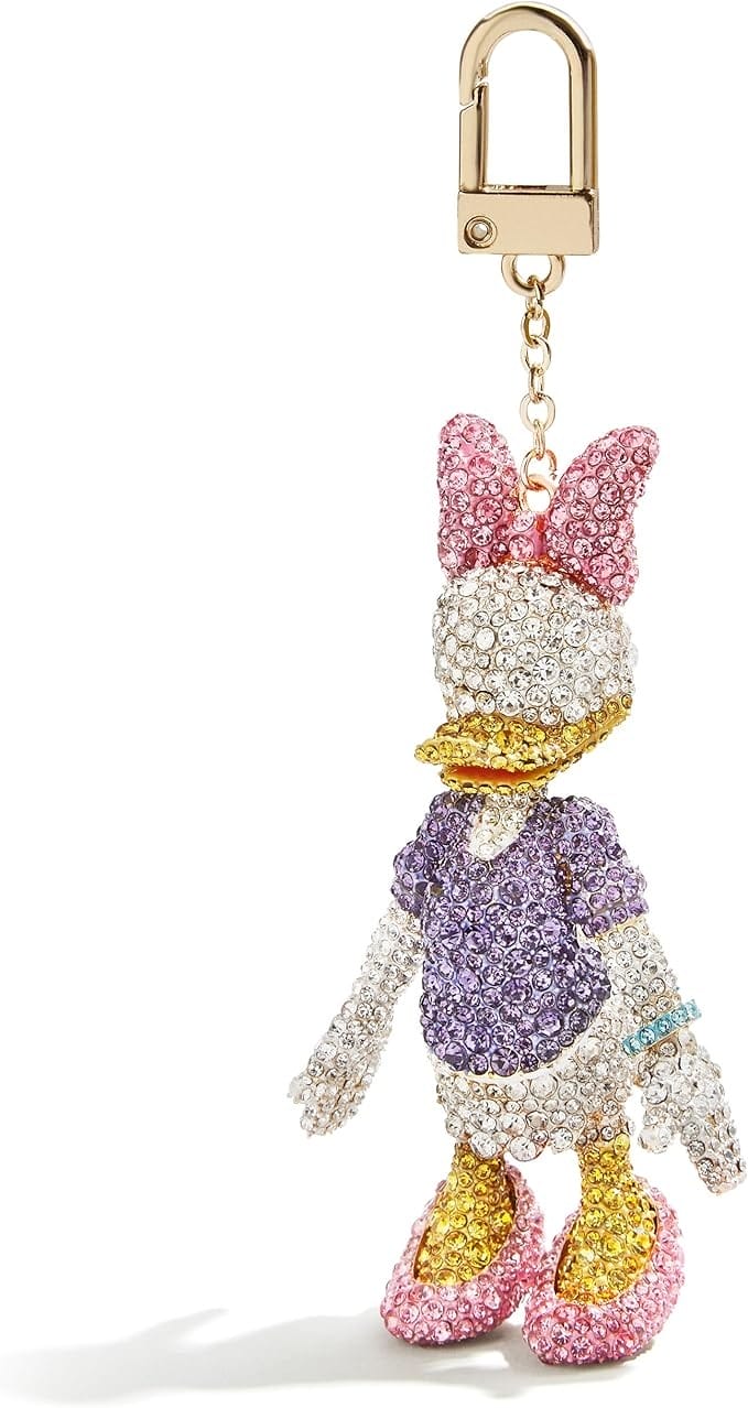 A sparkling keychain of Daisy Duck adorned with crystals and a gold clasp—perfect for Disney Backpacks.