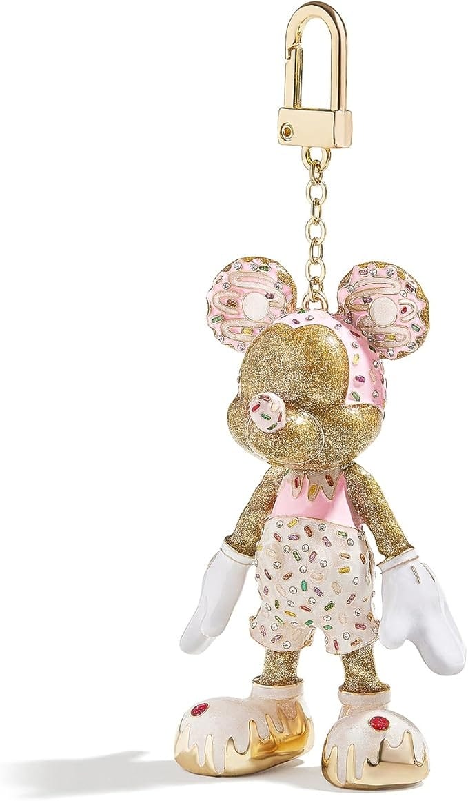A glittery gold and pink Mickey Mouse keychain with donut details—perfect for Disney Backpacks and giftable on Amazon Prime Big Deal Days.