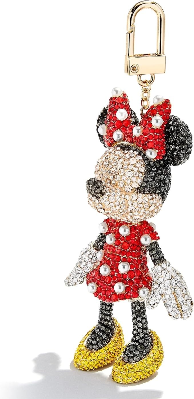 Bejeweled Minnie Mouse keychain—perfect for Disney Backpacks—with red bow, red dress, and gold clasp.