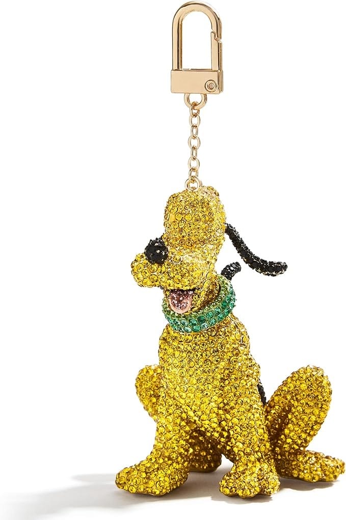 Keychain with a sparkling yellow dog figurine and rhinestones—perfect for fans of Disney Backpacks.