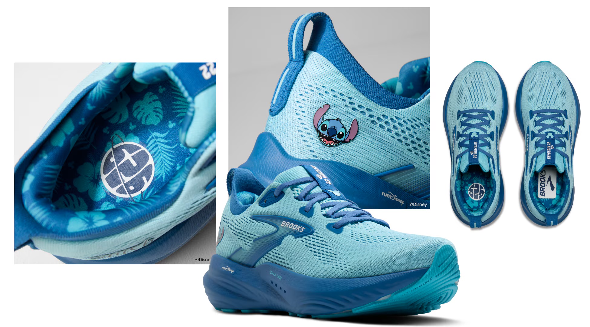Light blue Brooks x runDisney shoes with Stitch and floral insoles, inspired by "Lilo & Stitch," as seen at Disney Parks.