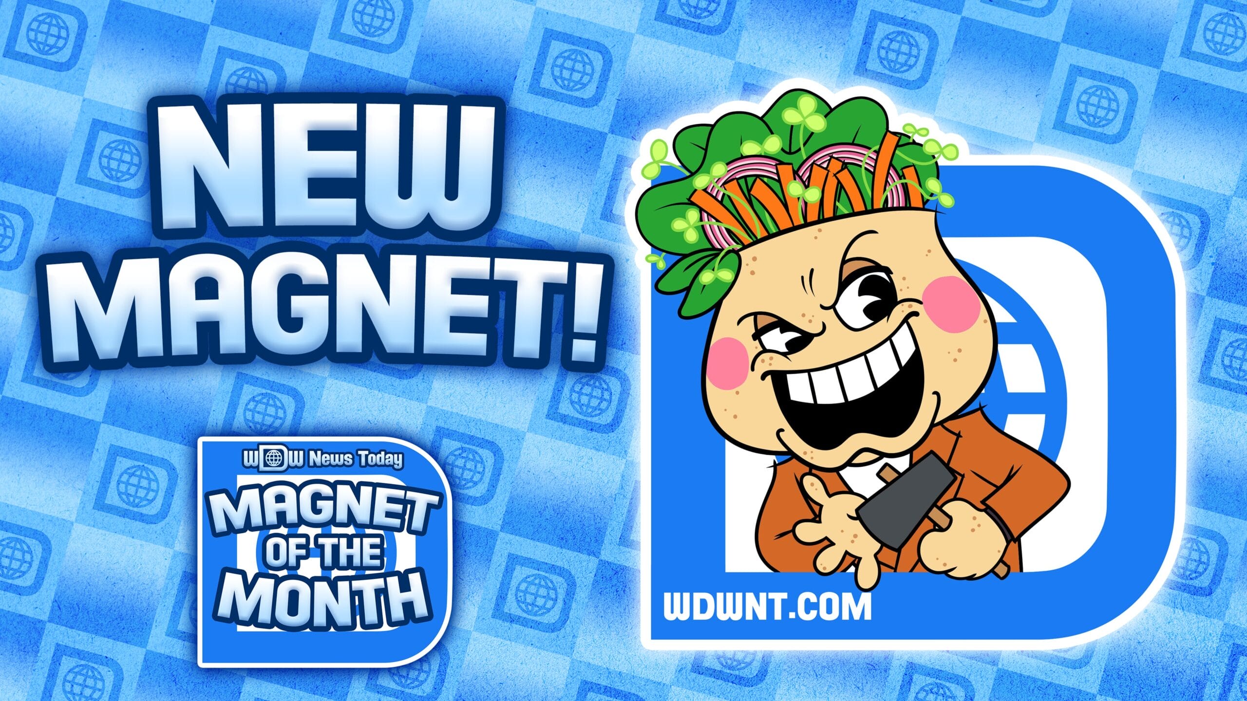 Pita Gabriel in a suit with phone, text: "New Magnet! Magnet of the Month. WDWNT.com"—WDW collectible, not Disney castle.