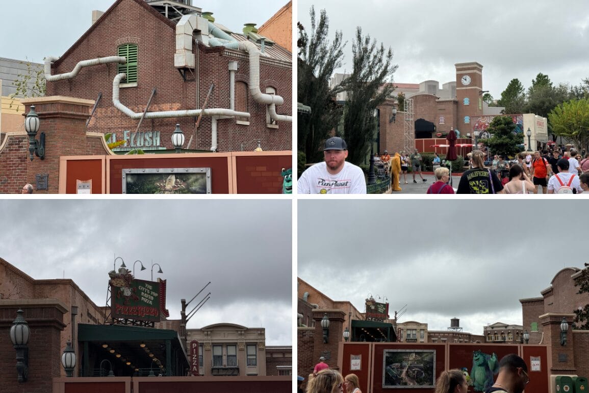 Construction site with brick buildings, pipes, and crowds at Tokyo Disney Resort—no castle in view to compare with other Disney parks.
